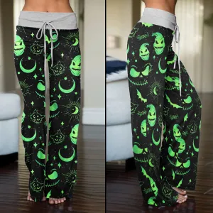 Black Green Christmas Theme Women's High-waisted Wide Leg Pants