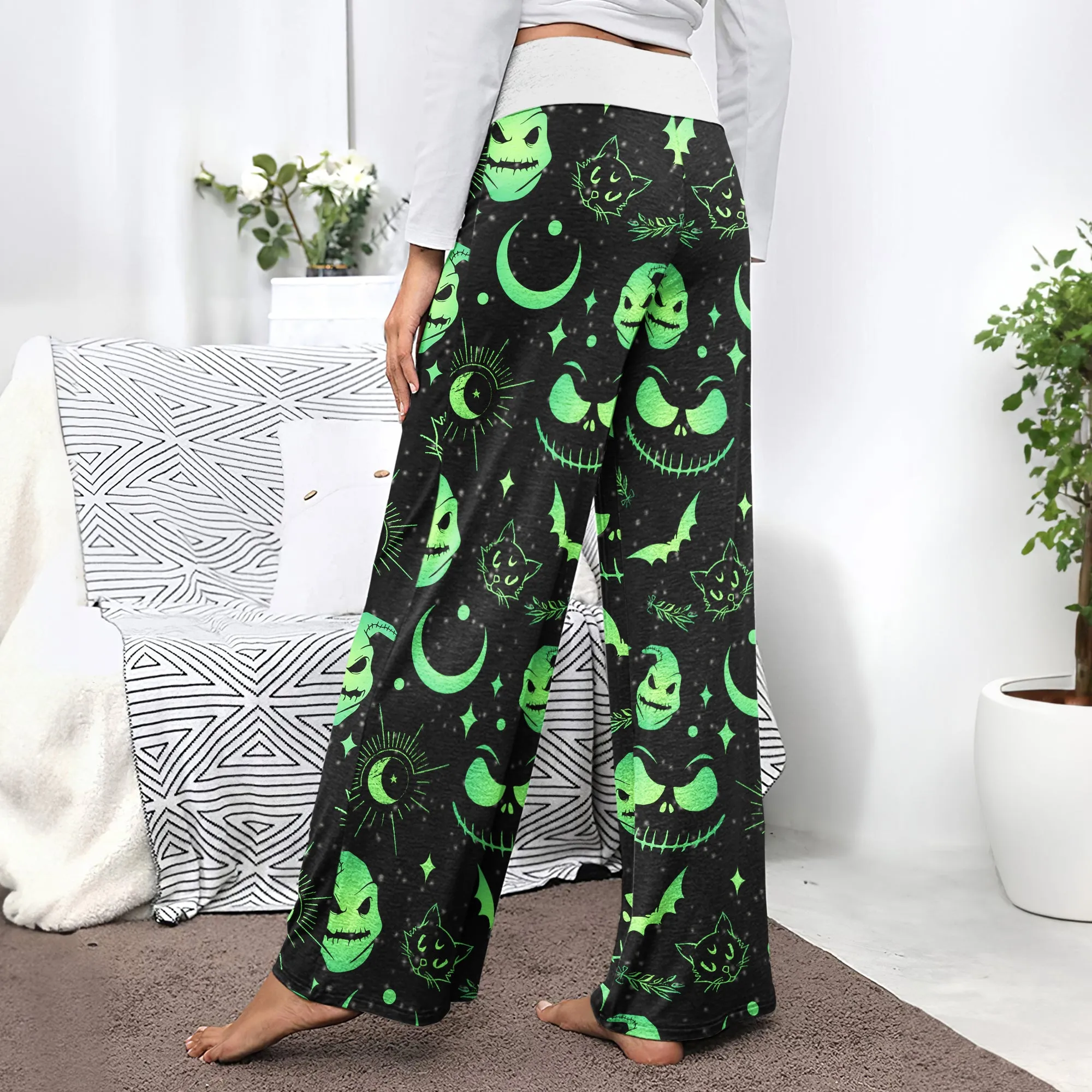 Black Green Christmas Theme Women's High-waisted Wide Leg Pants