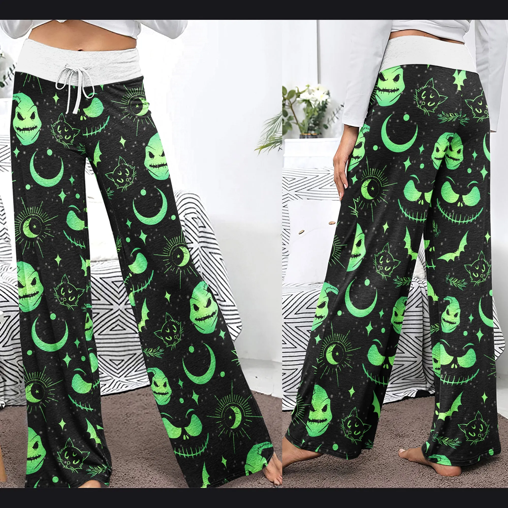Black Green Christmas Theme Women's High-waisted Wide Leg Pants