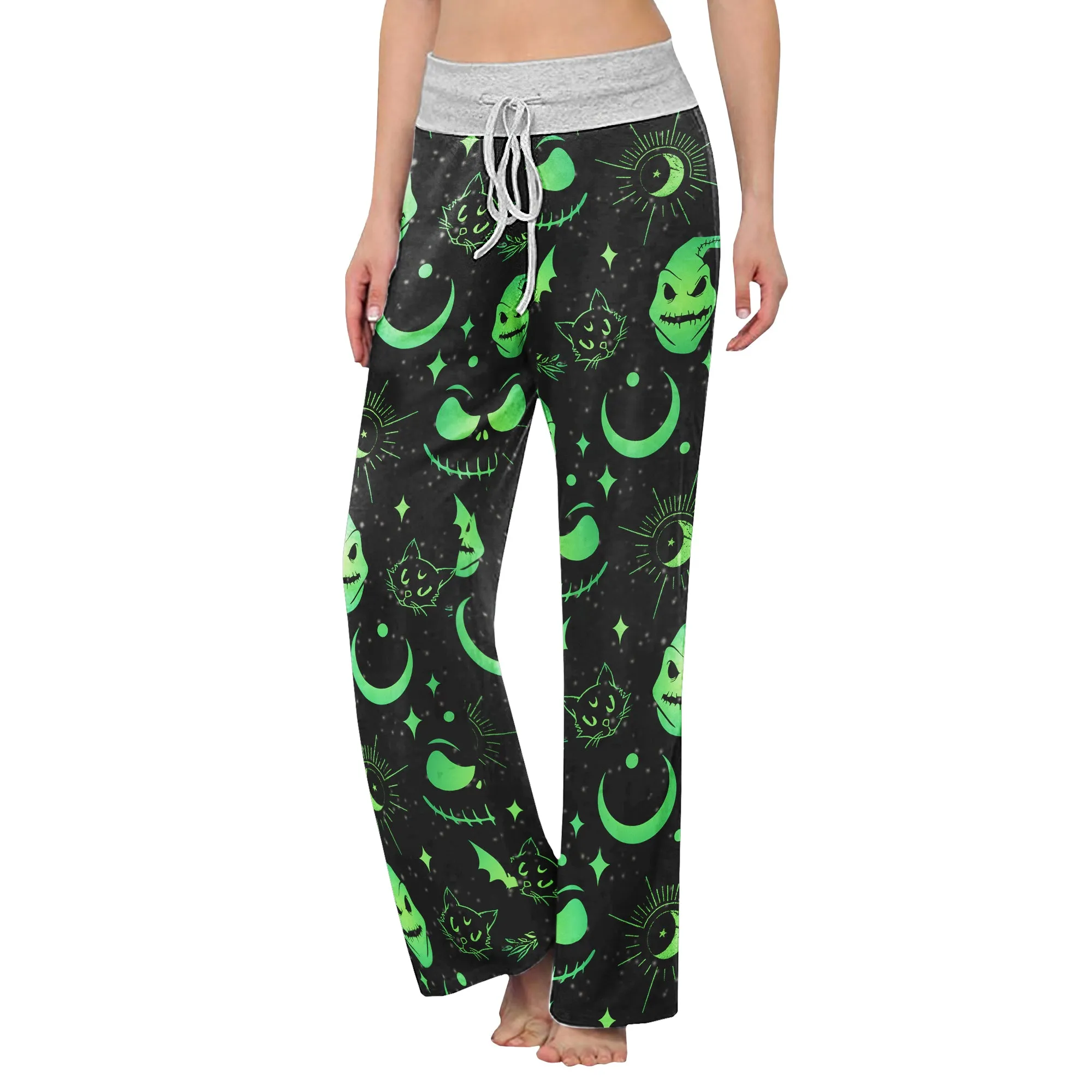 Black Green Christmas Theme Women's High-waisted Wide Leg Pants