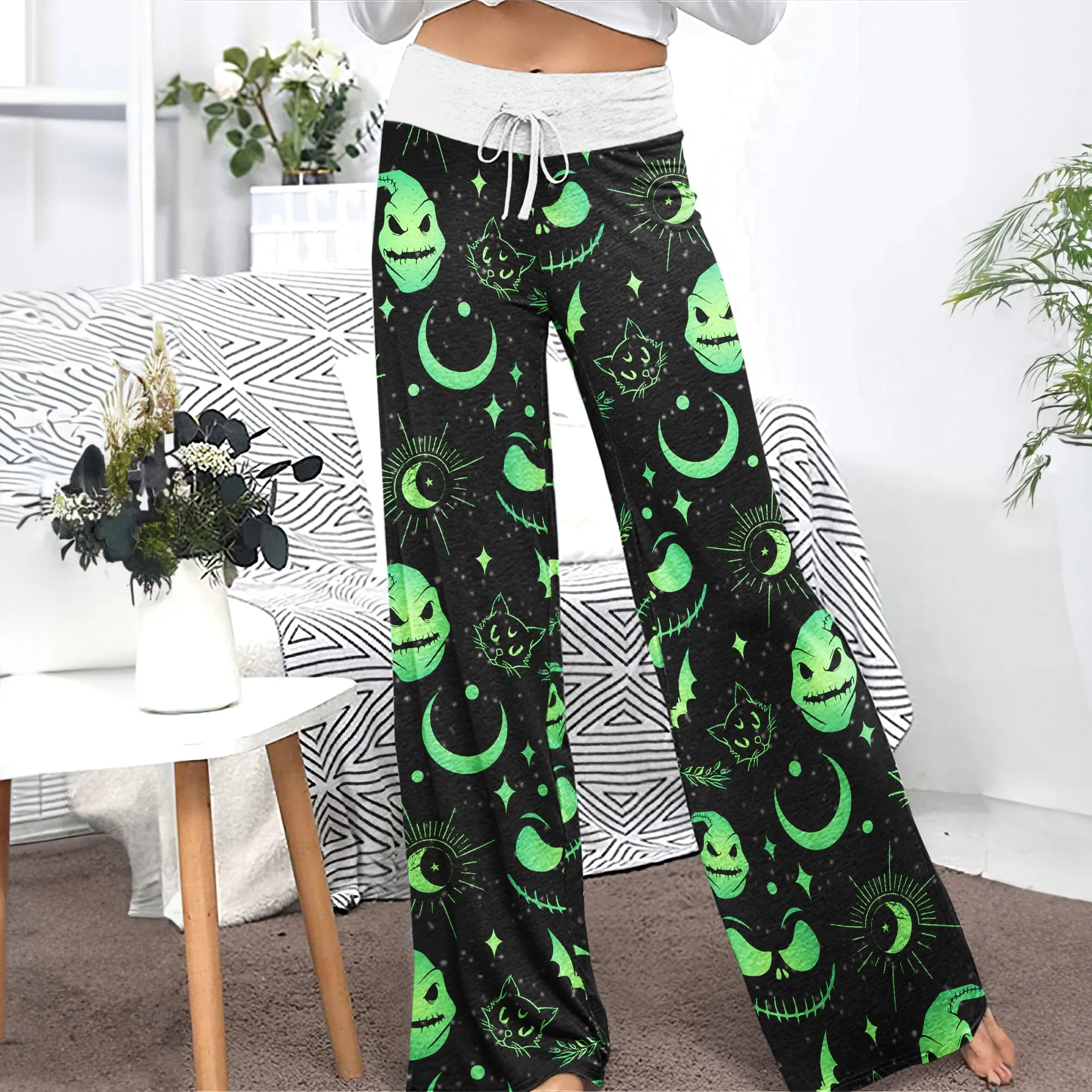 Black Green Christmas Theme Women's High-waisted Wide Leg Pants