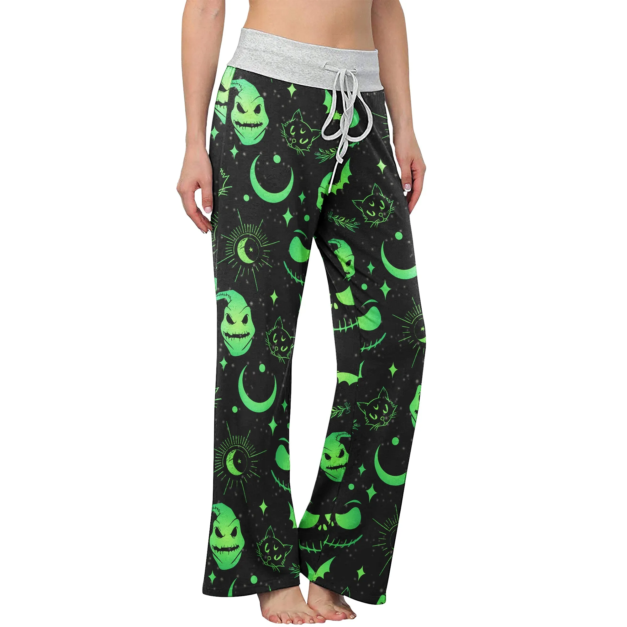 Black Green Christmas Theme Women's High-waisted Wide Leg Pants