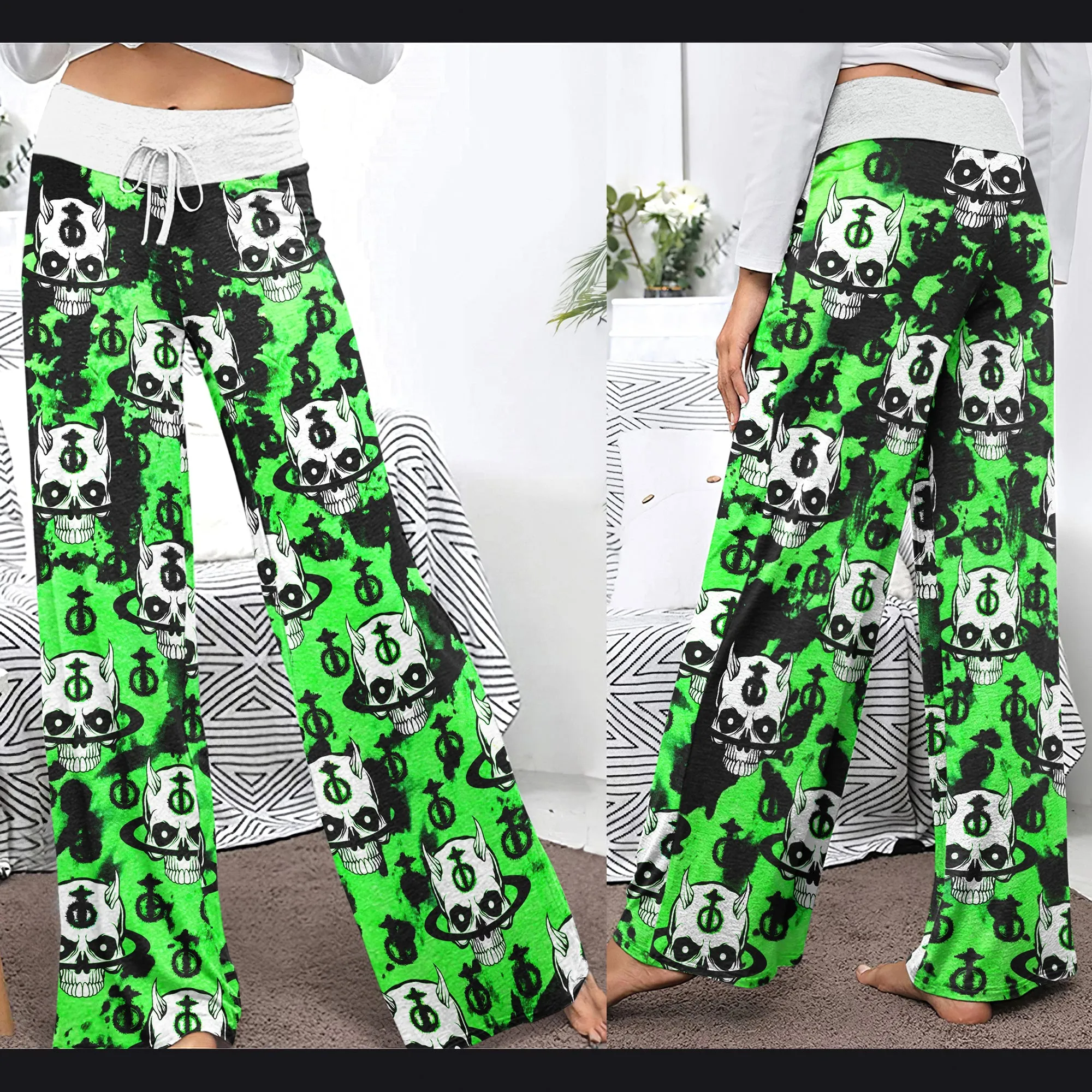 Black Green Devil Brush Women's High-waisted Wide Leg Pants