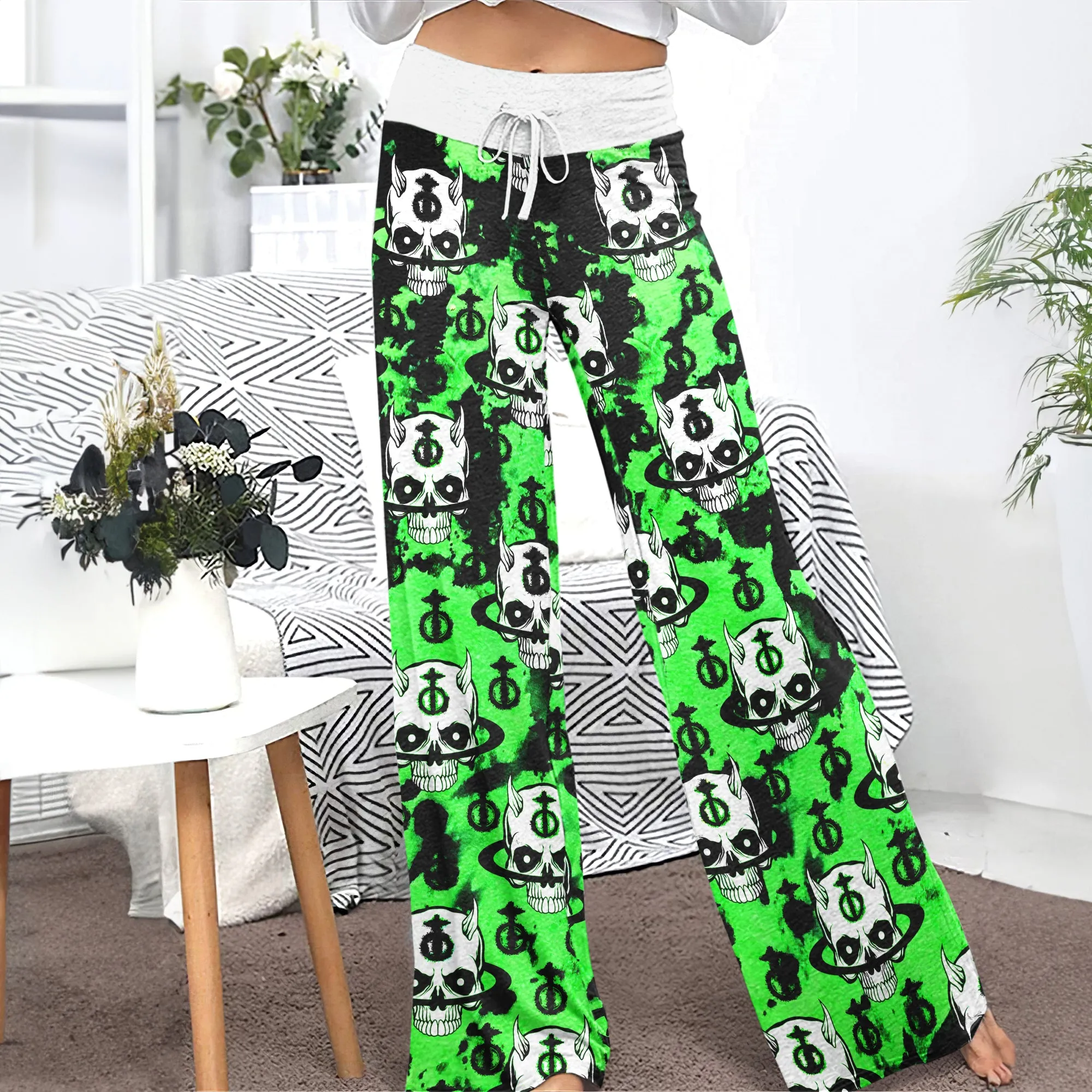 Black Green Devil Brush Women's High-waisted Wide Leg Pants