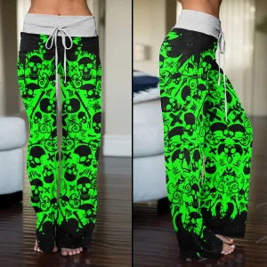 Black Green Skull Pattern Women's High-waisted Wide Leg Pants