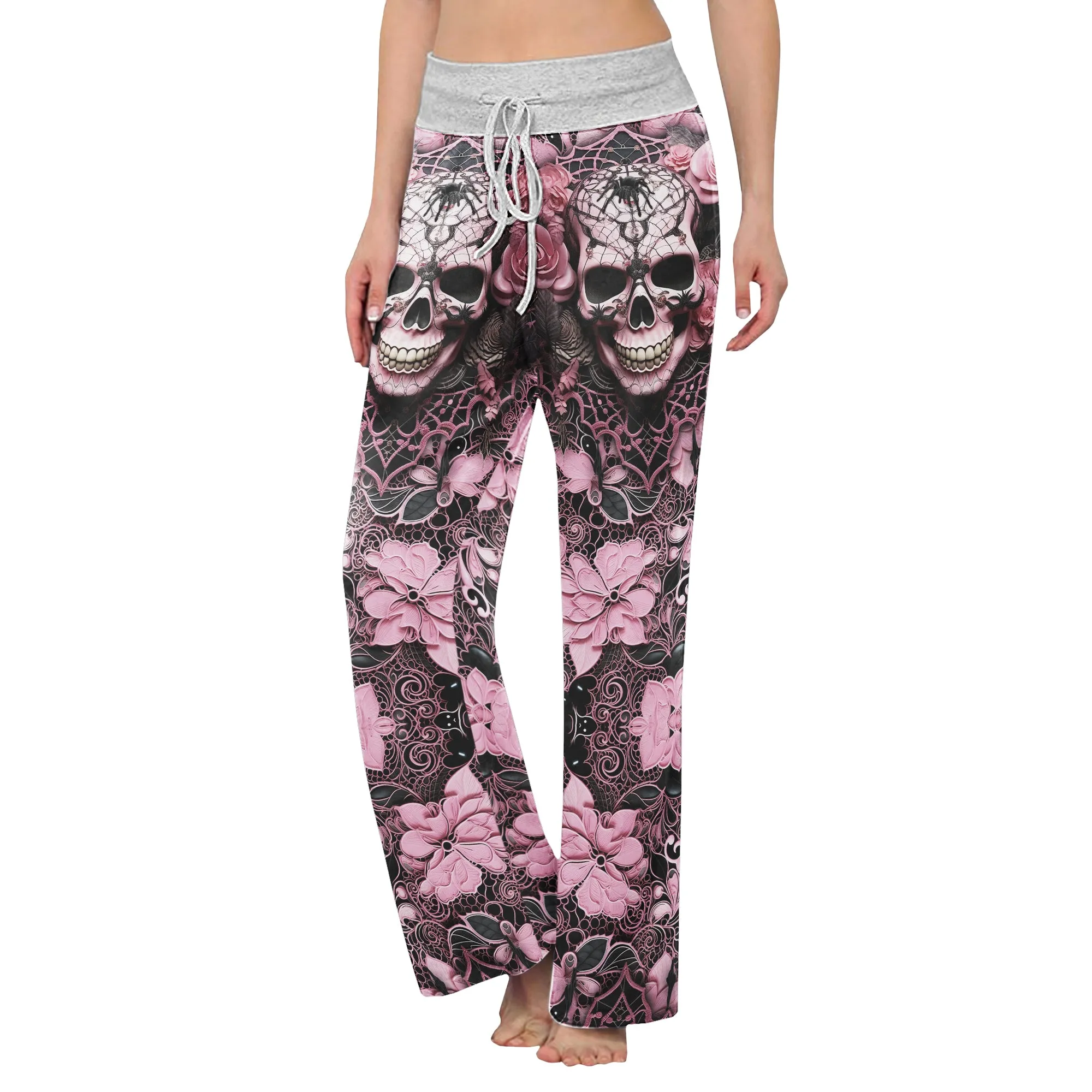 Black Pink Skull Lace Women's High-waisted Wide Leg Pants