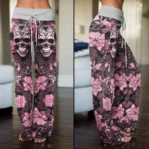 Black Pink Skull Lace Women's High-waisted Wide Leg Pants