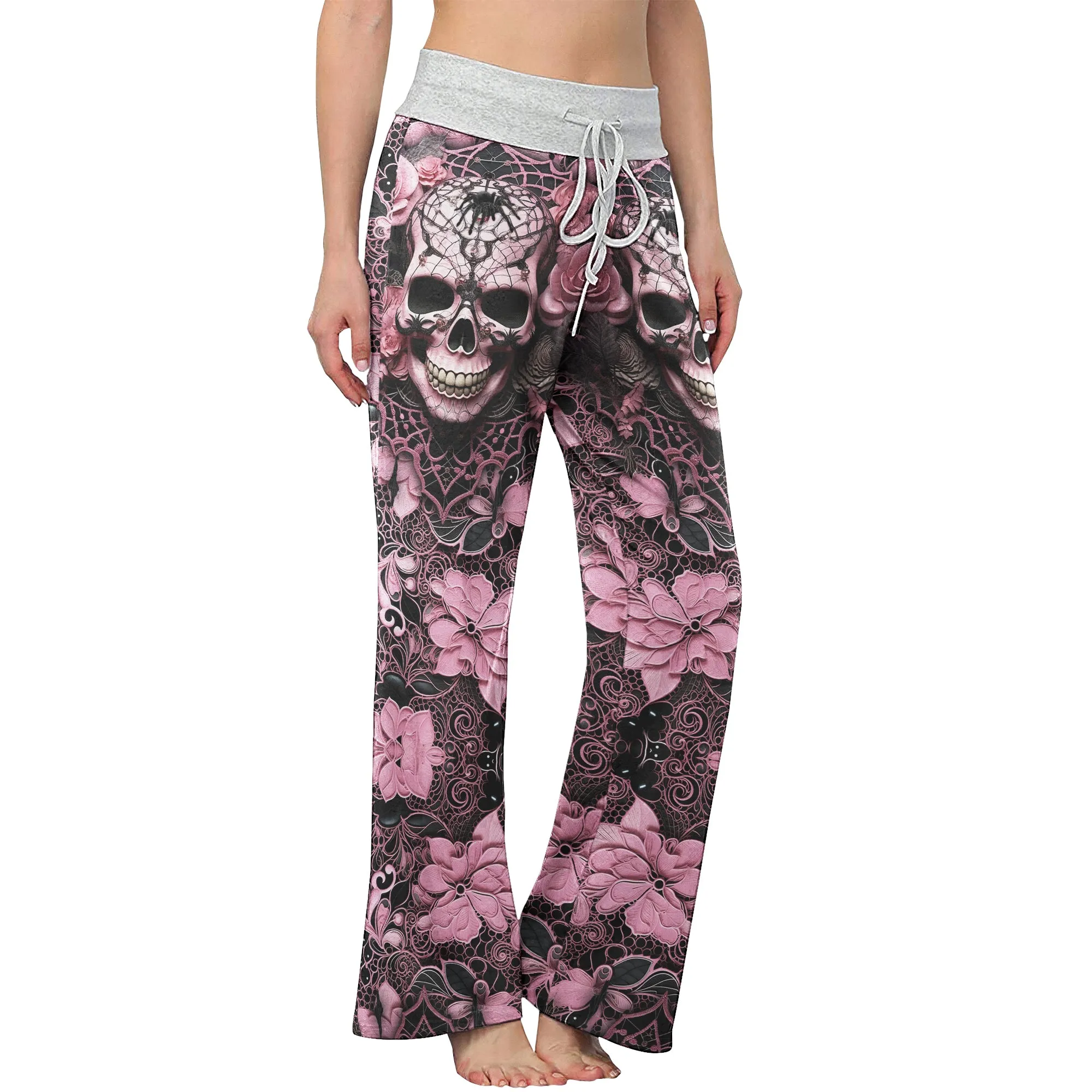 Black Pink Skull Lace Women's High-waisted Wide Leg Pants