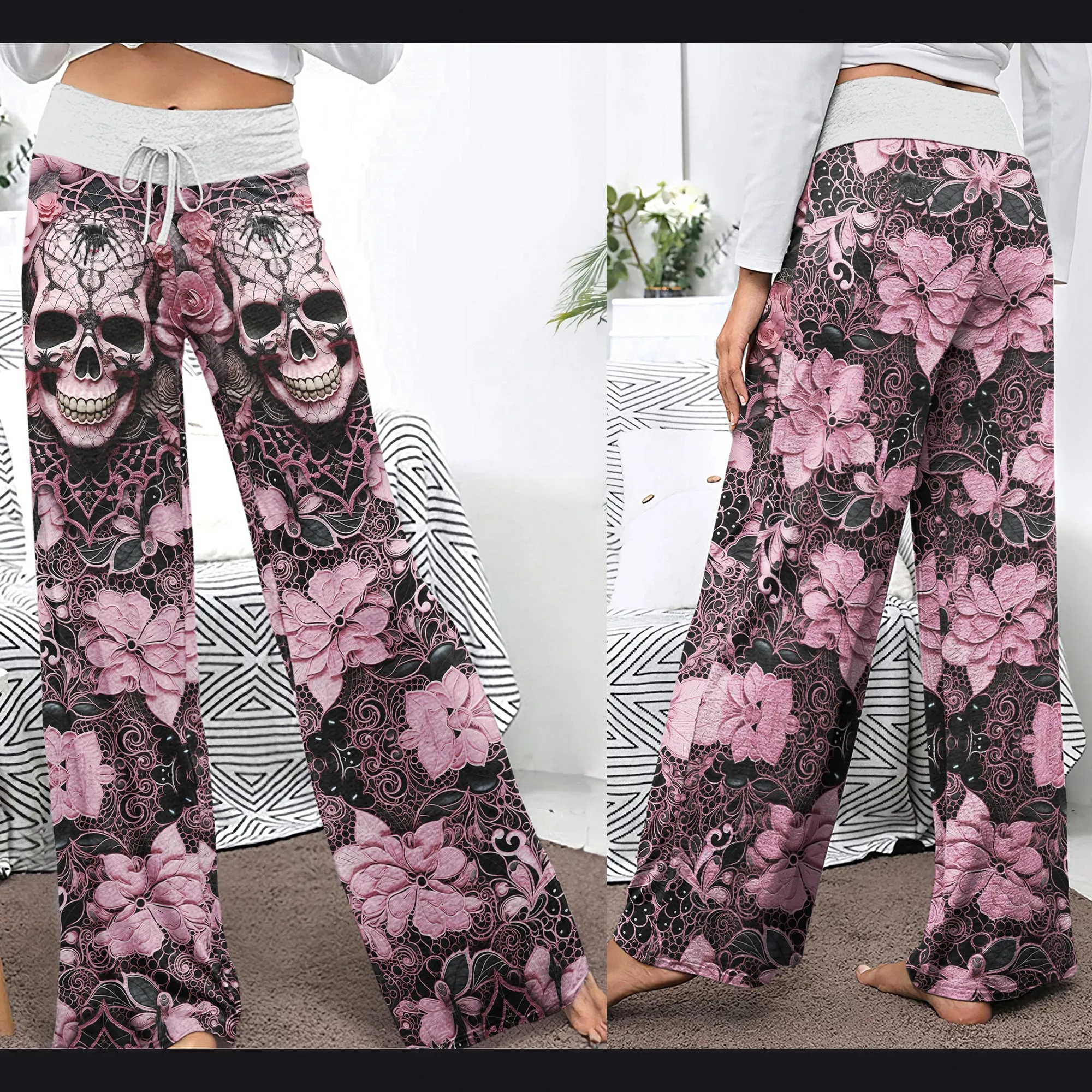 Black Pink Skull Lace Women's High-waisted Wide Leg Pants