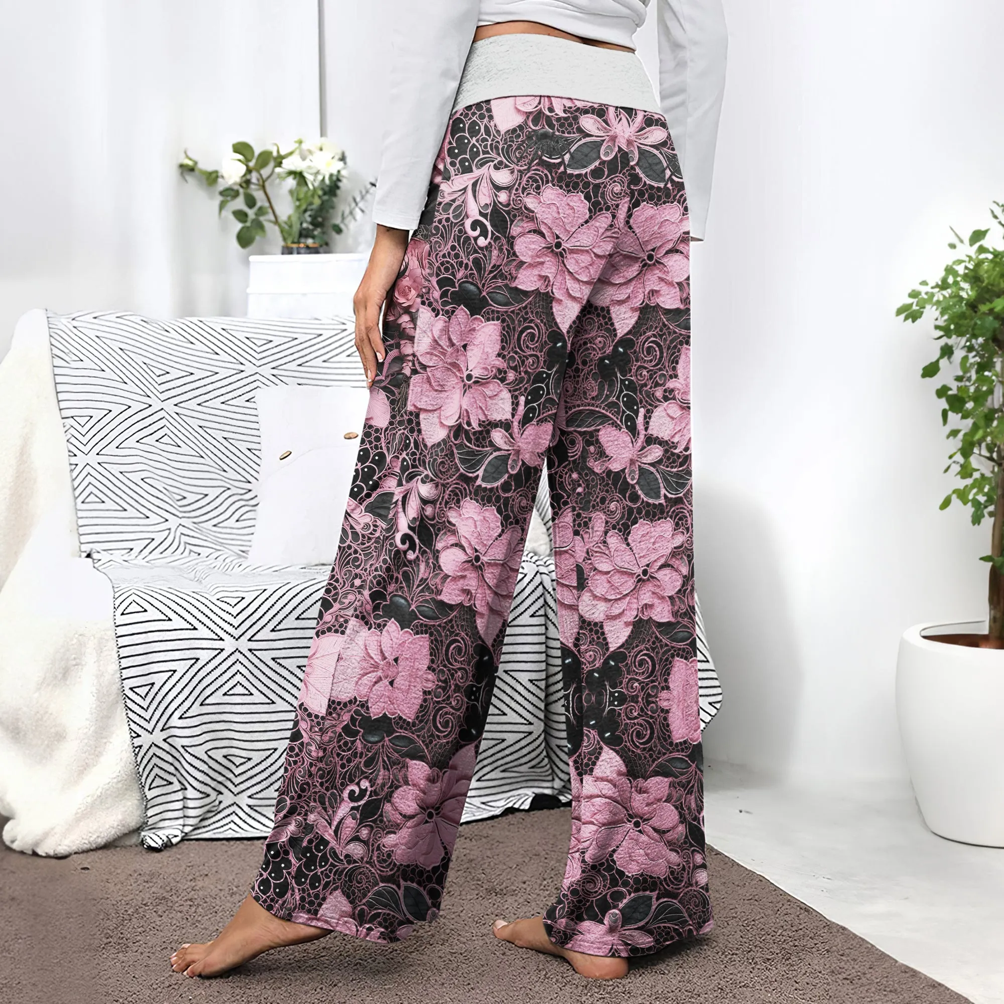 Black Pink Skull Lace Women's High-waisted Wide Leg Pants