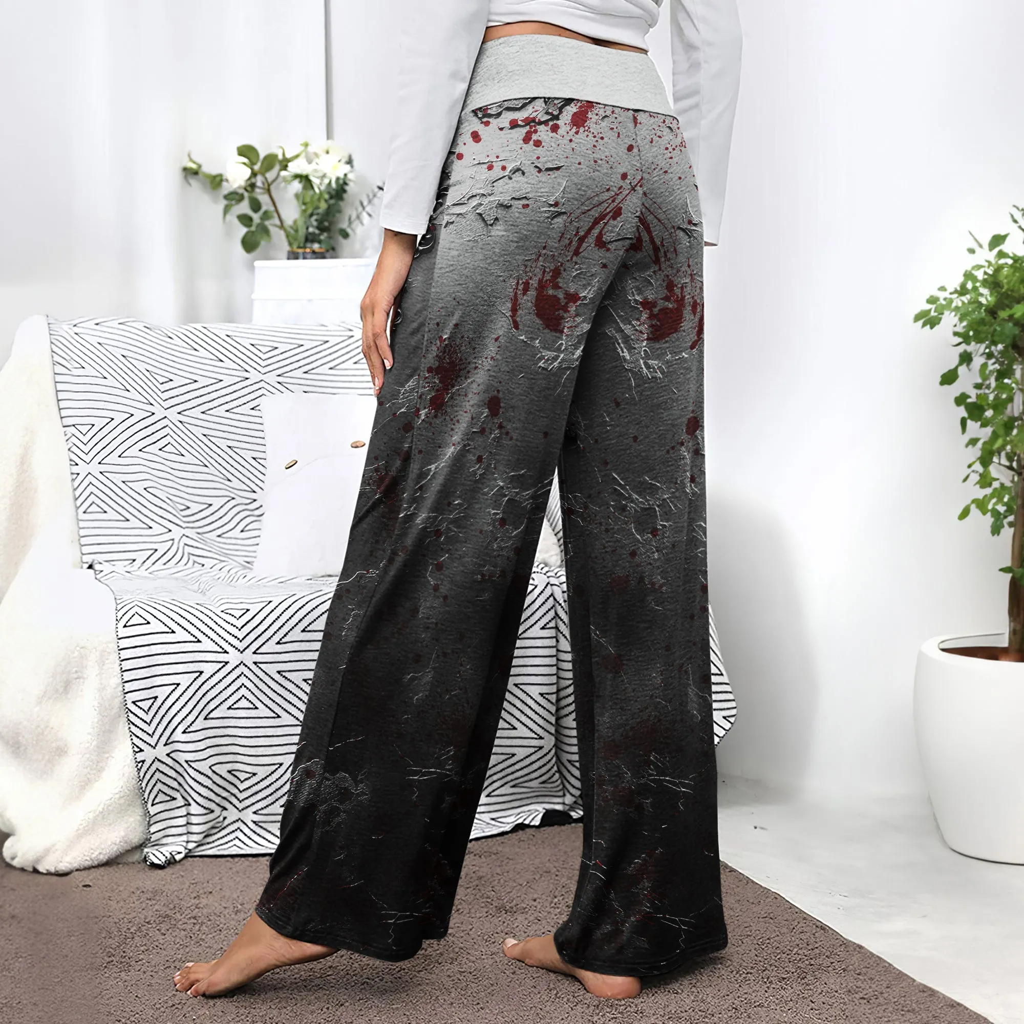 Black Skull Rose Gothic Women's High-waisted Wide Leg Pants