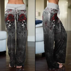 Black Skull Rose Gothic Women's High-waisted Wide Leg Pants