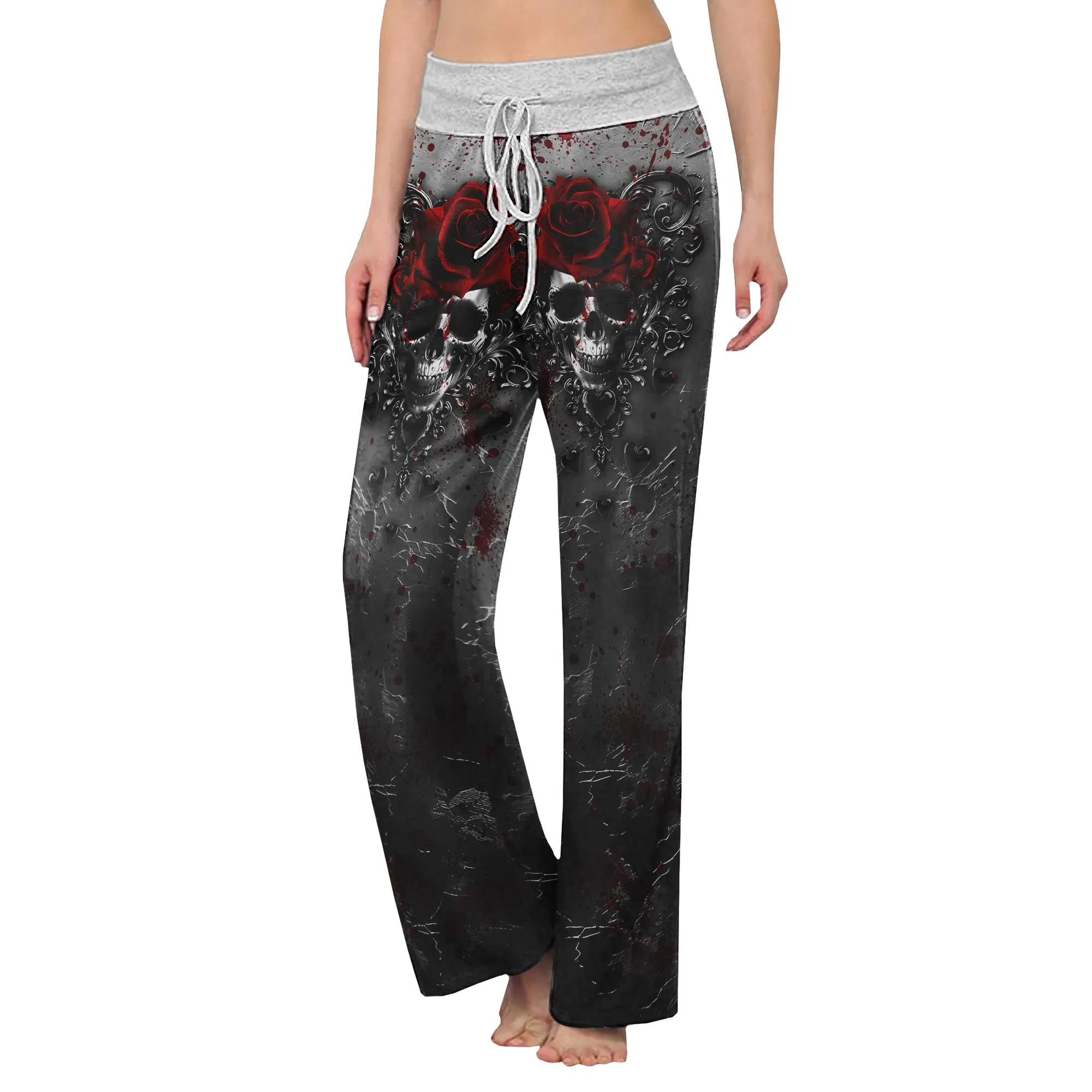 Black Skull Rose Gothic Women's High-waisted Wide Leg Pants