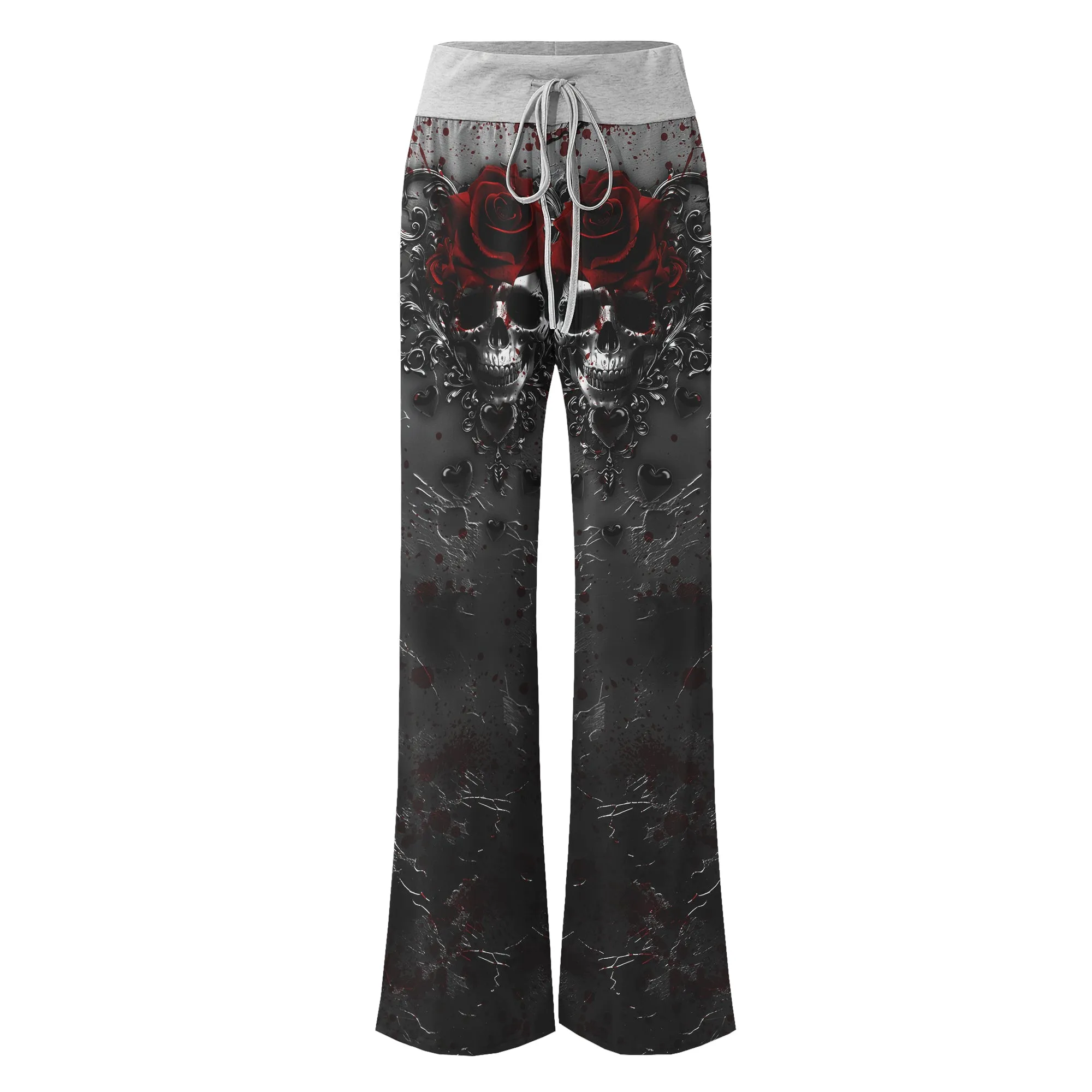 Black Skull Rose Gothic Women's High-waisted Wide Leg Pants