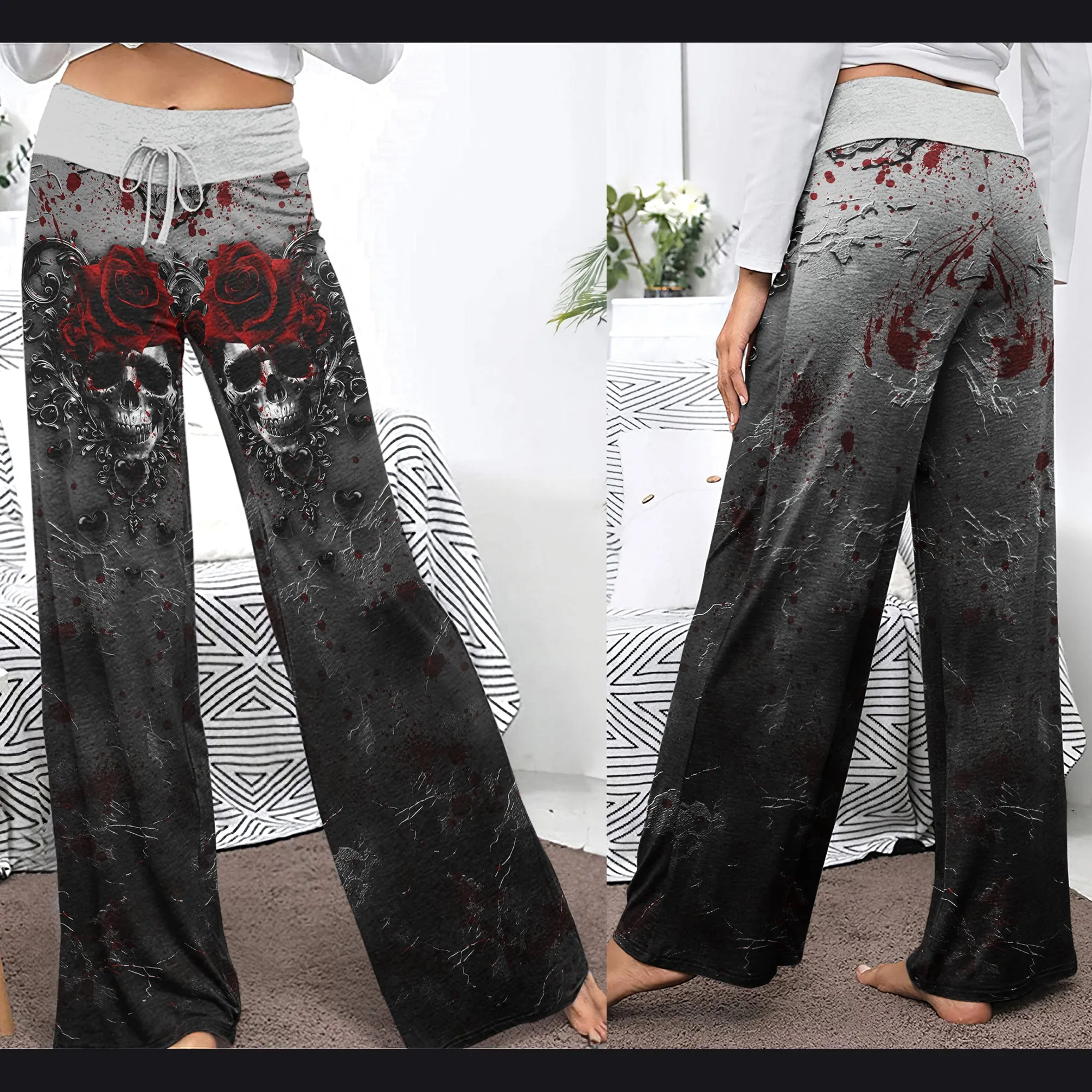 Black Skull Rose Gothic Women's High-waisted Wide Leg Pants