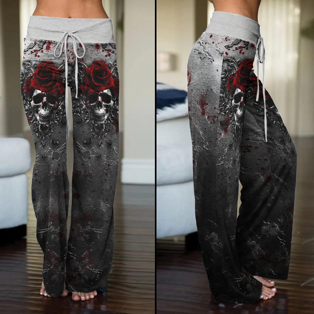 Black Skull Rose Gothic Women's High-waisted Wide Leg Pants