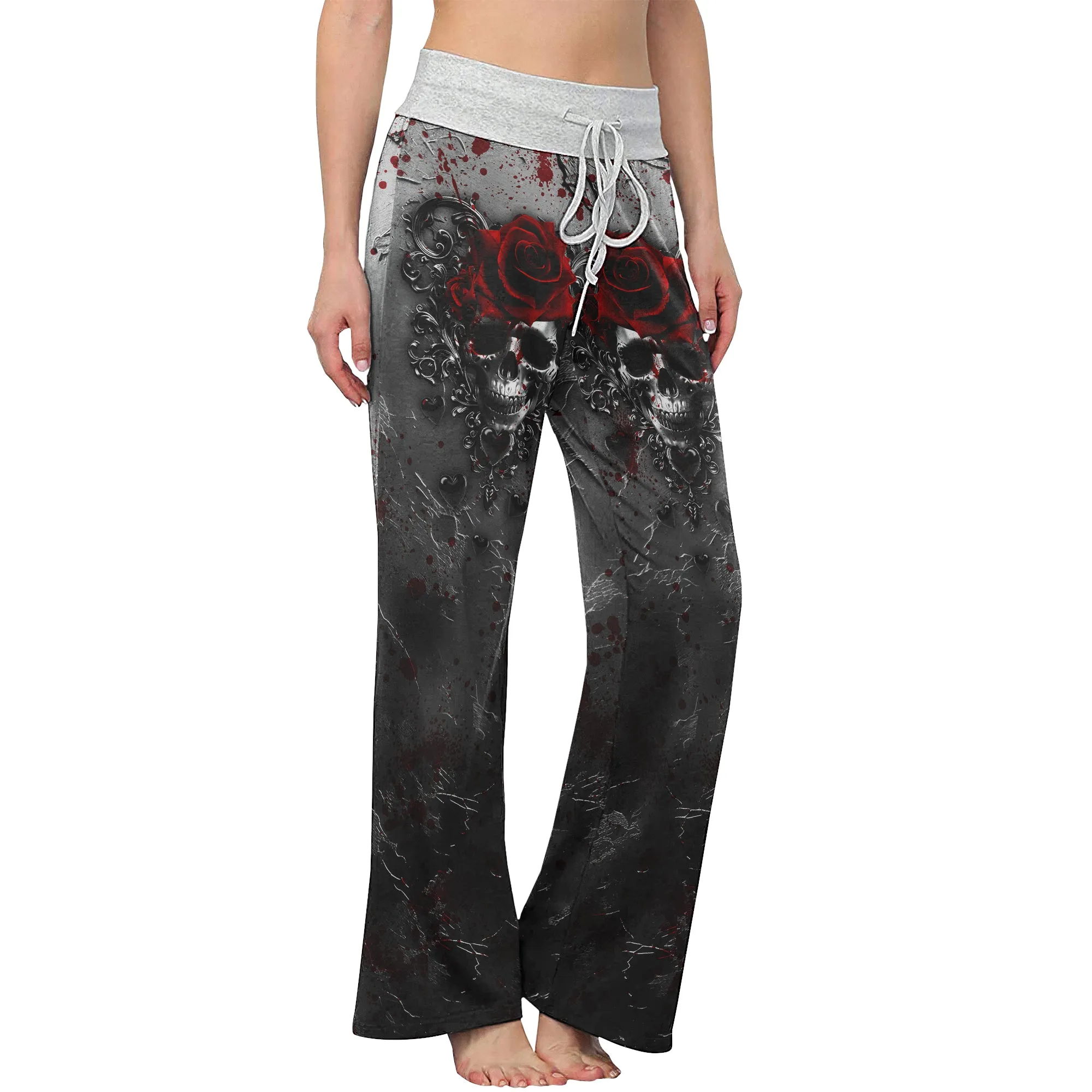 Black Skull Rose Gothic Women's High-waisted Wide Leg Pants