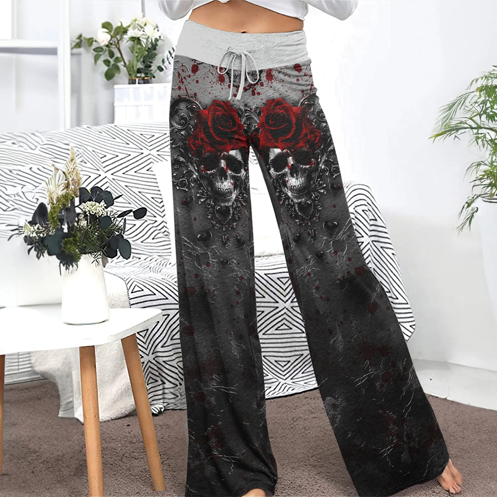 Black Skull Rose Gothic Women's High-waisted Wide Leg Pants
