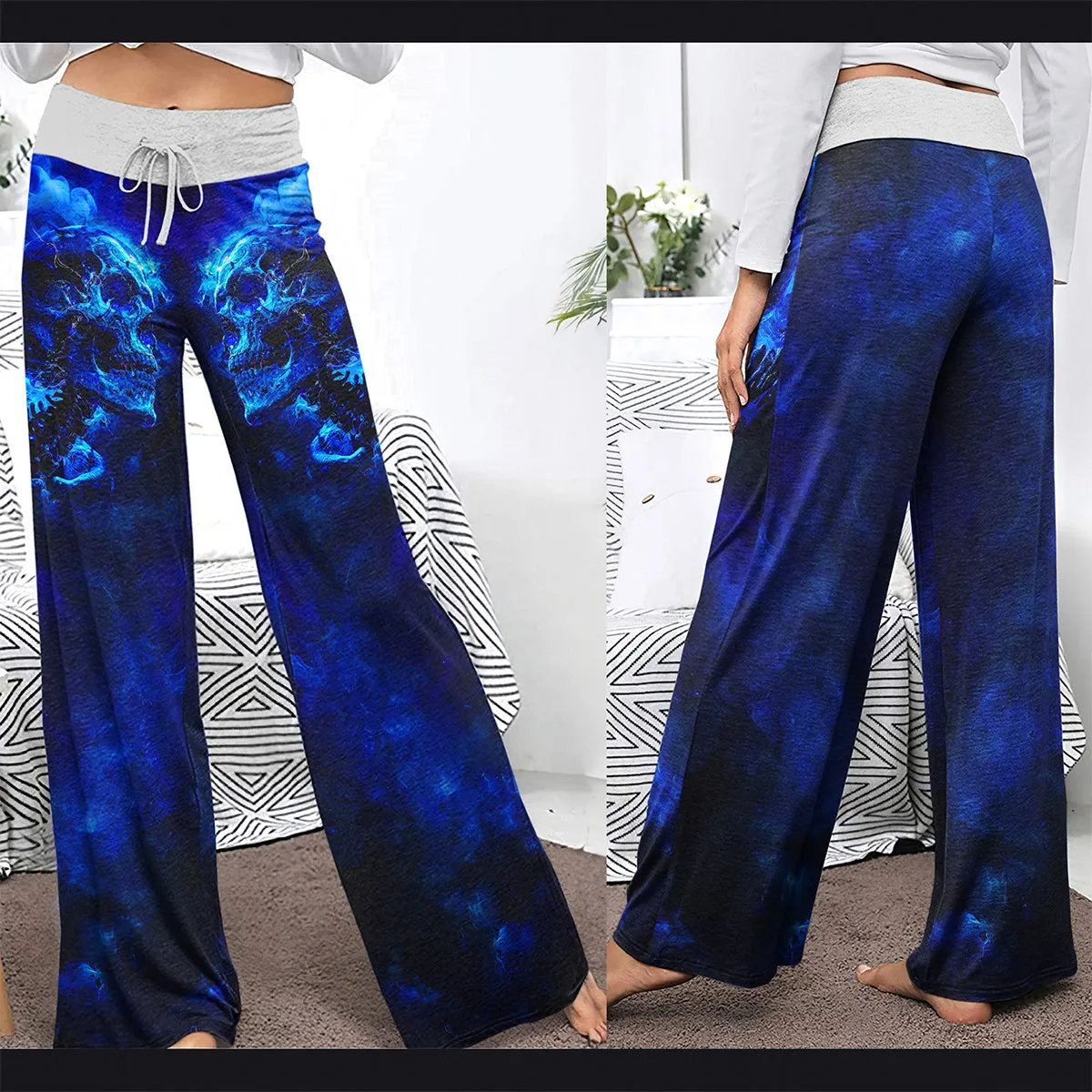 Blue Skull Art Abstract Women's High-waisted Wide Leg Pants