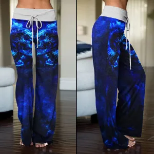 Blue Skull Art Abstract Women's High-waisted Wide Leg Pants