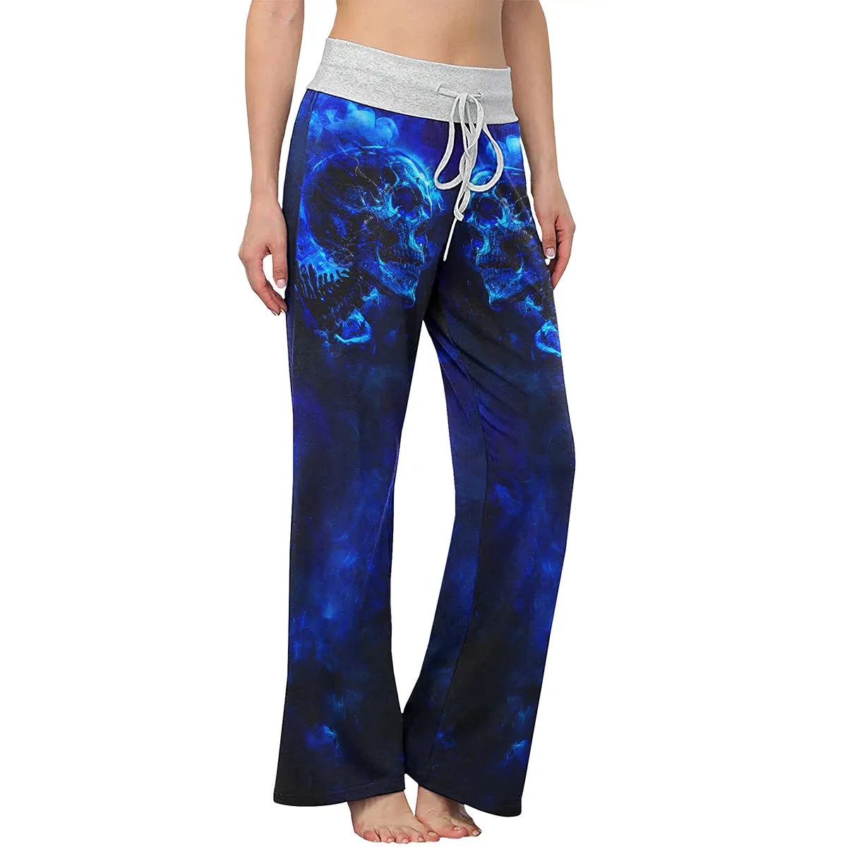 Blue Skull Art Abstract Women's High-waisted Wide Leg Pants