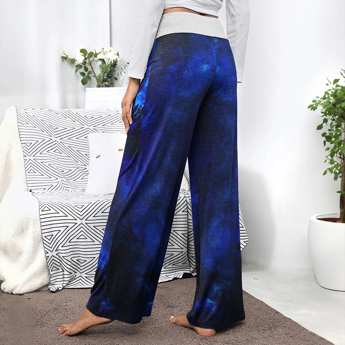 Blue Skull Art Abstract Women's High-waisted Wide Leg Pants