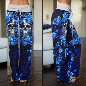 Blue Skull Rose Art Women's High-waisted Wide Leg Pants