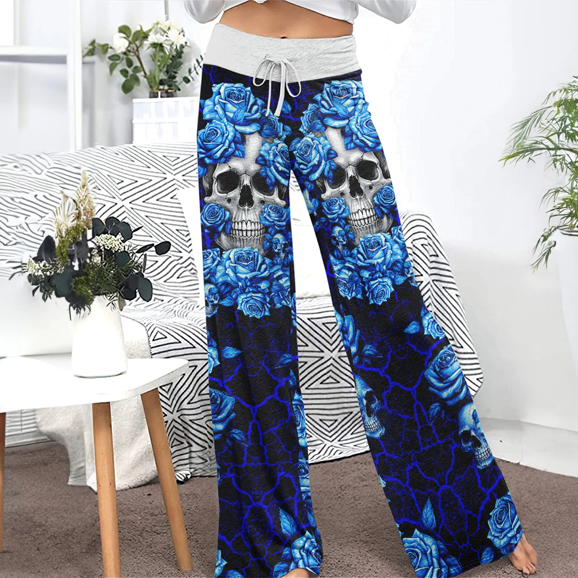 Blue Skull Rose Art Women's High-waisted Wide Leg Pants