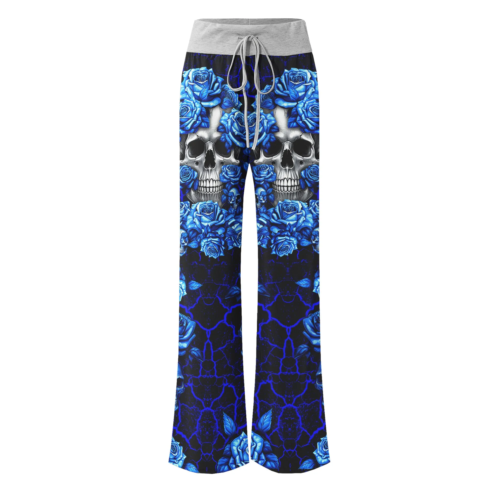 Blue Skull Rose Art Women's High-waisted Wide Leg Pants
