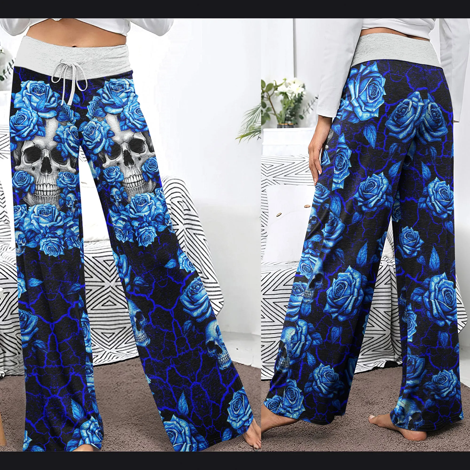 Blue Skull Rose Art Women's High-waisted Wide Leg Pants