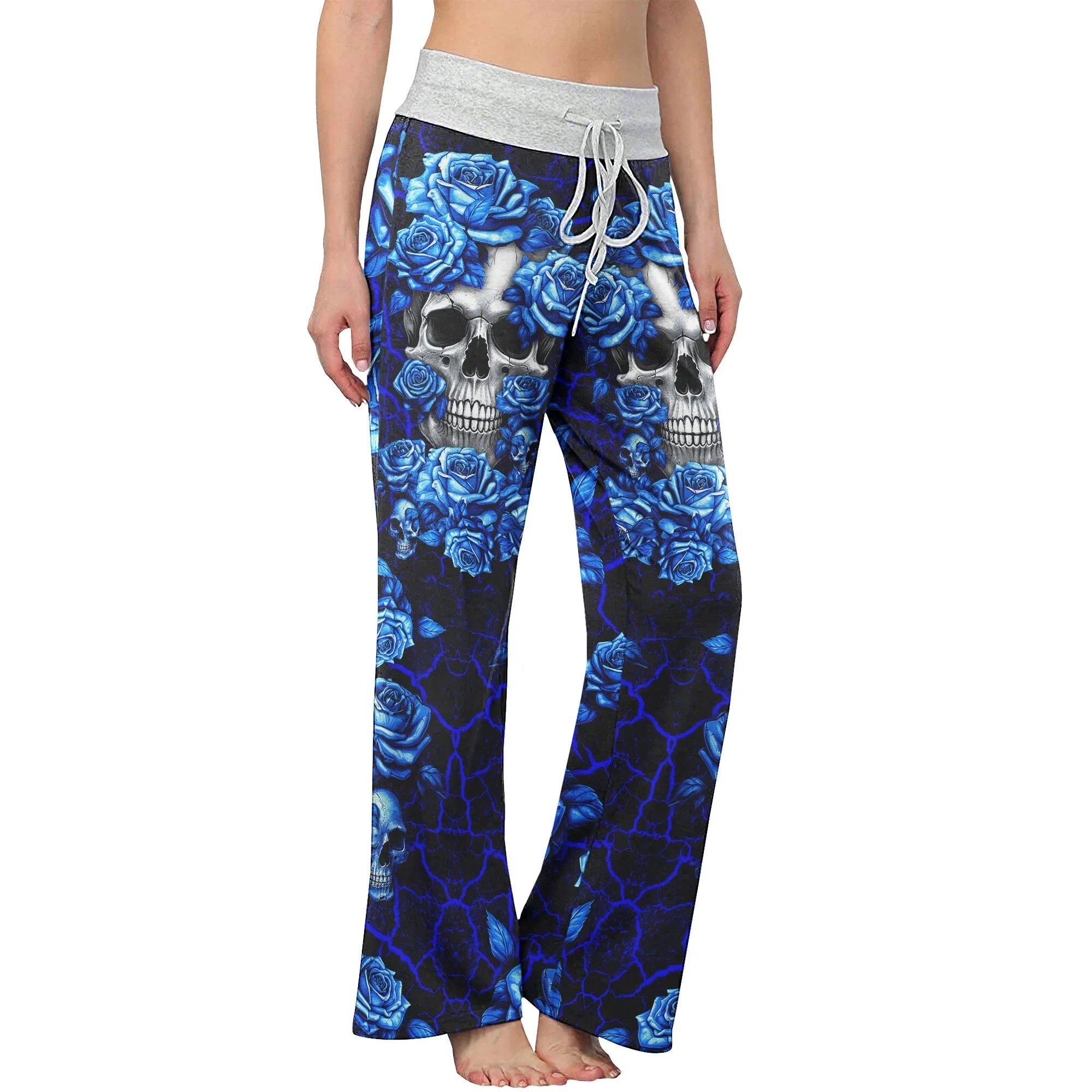 Blue Skull Rose Art Women's High-waisted Wide Leg Pants
