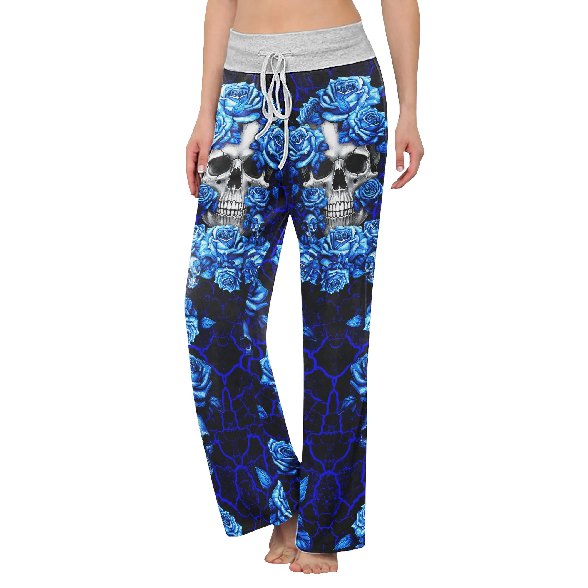 Blue Skull Rose Art Women's High-waisted Wide Leg Pants
