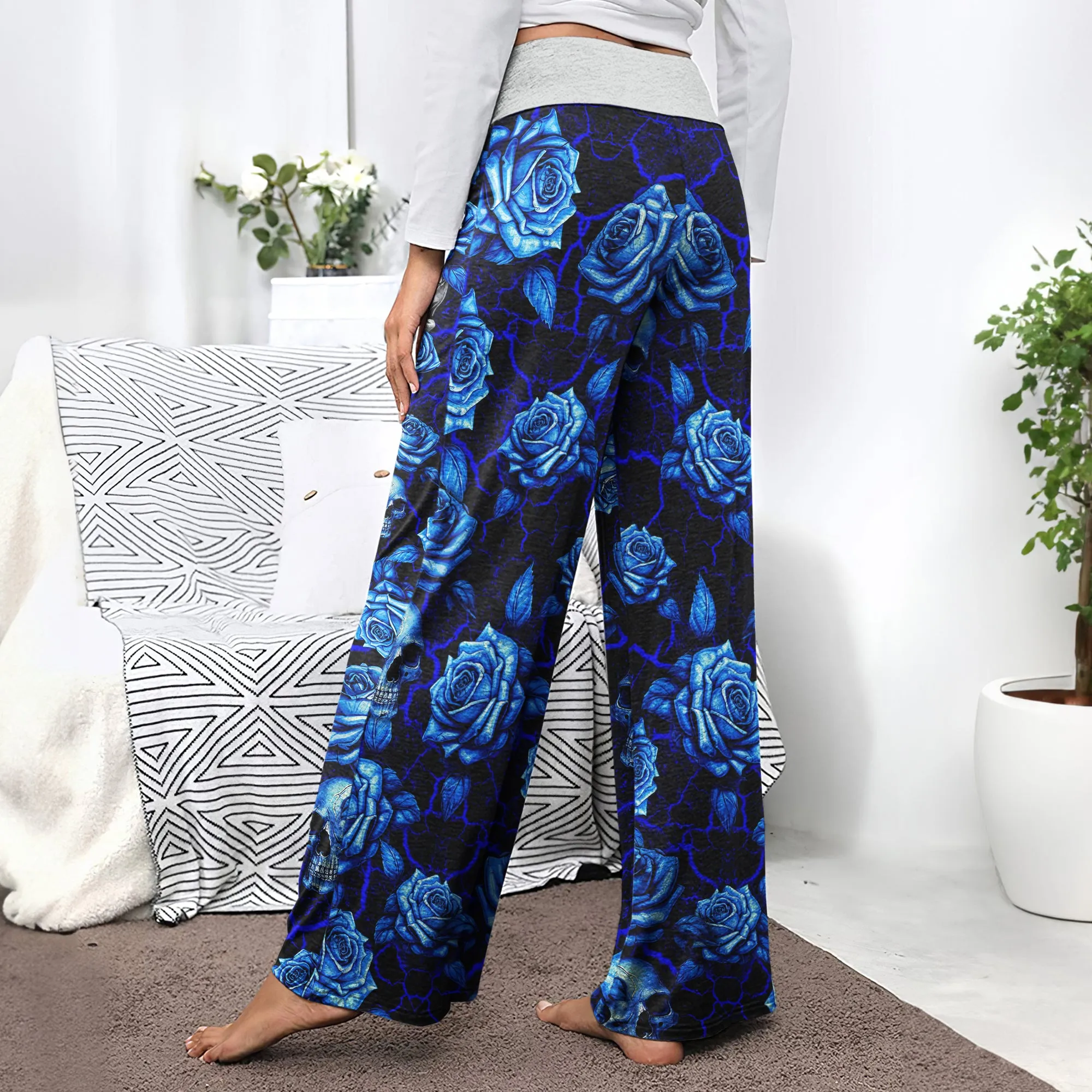 Blue Skull Rose Art Women's High-waisted Wide Leg Pants