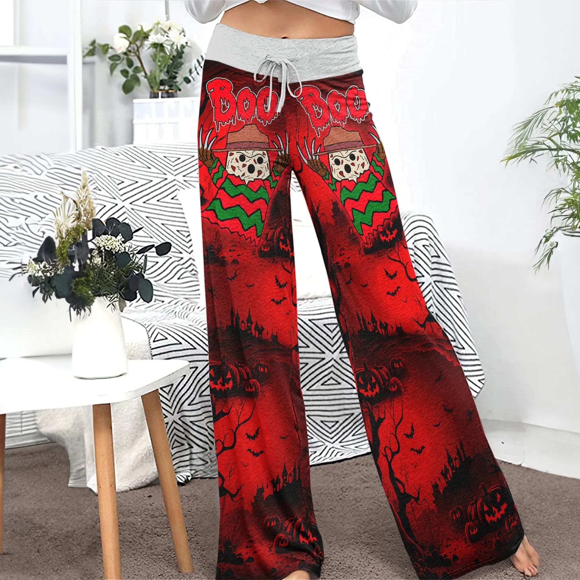 Boo Halloween Theme Women's High-waisted Wide Leg Pants