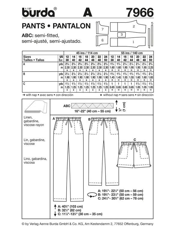 Burda 7966 Womens' Trousers and Shorts Pattern