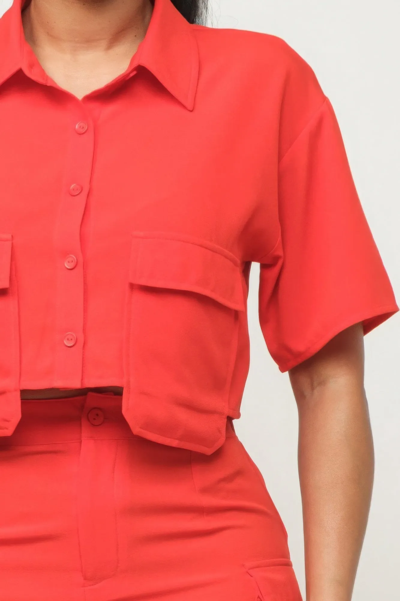Button Down Crop and Pocketed Shorts Set