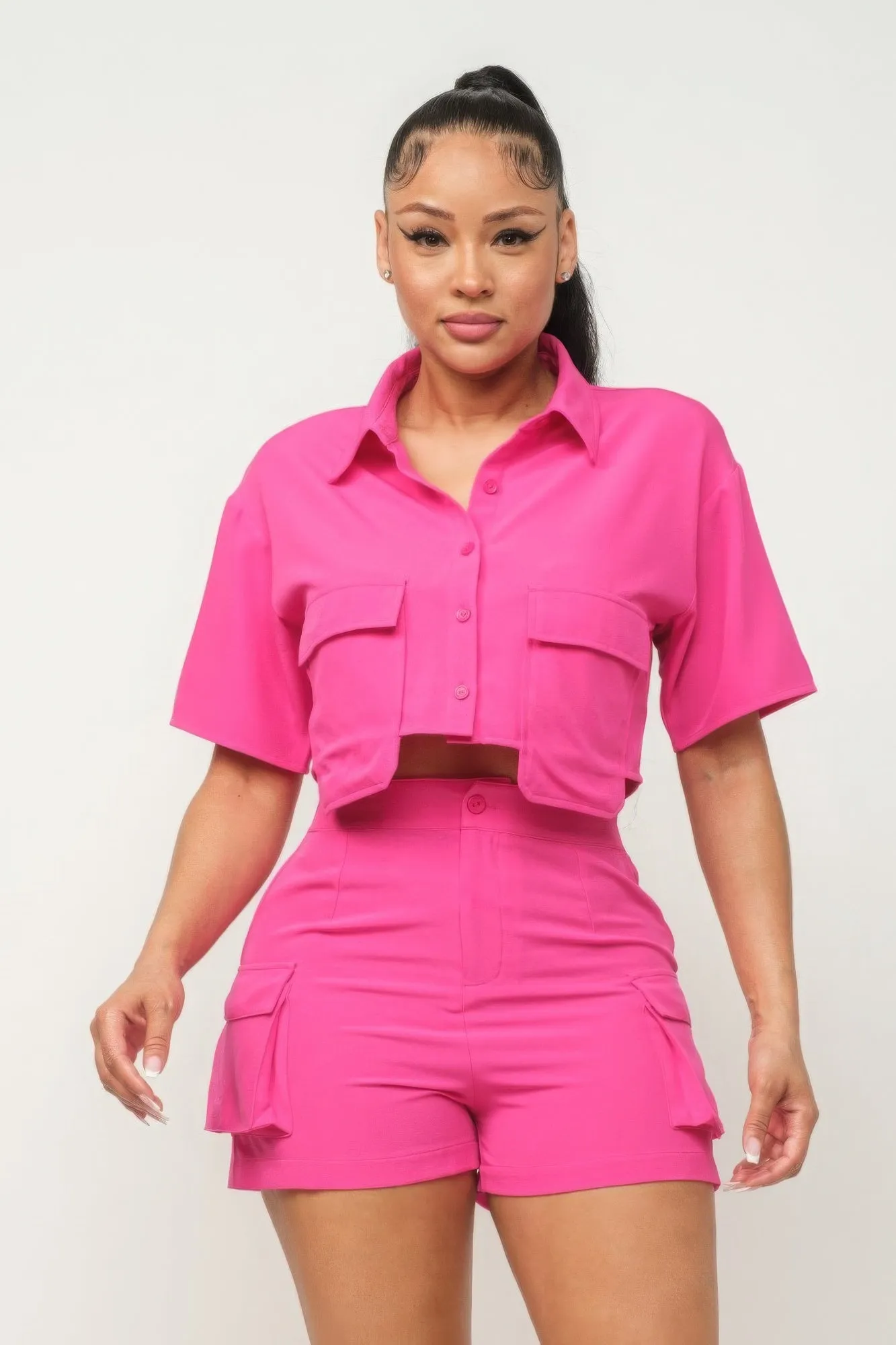 Button Down Crop and Pocketed Shorts Set