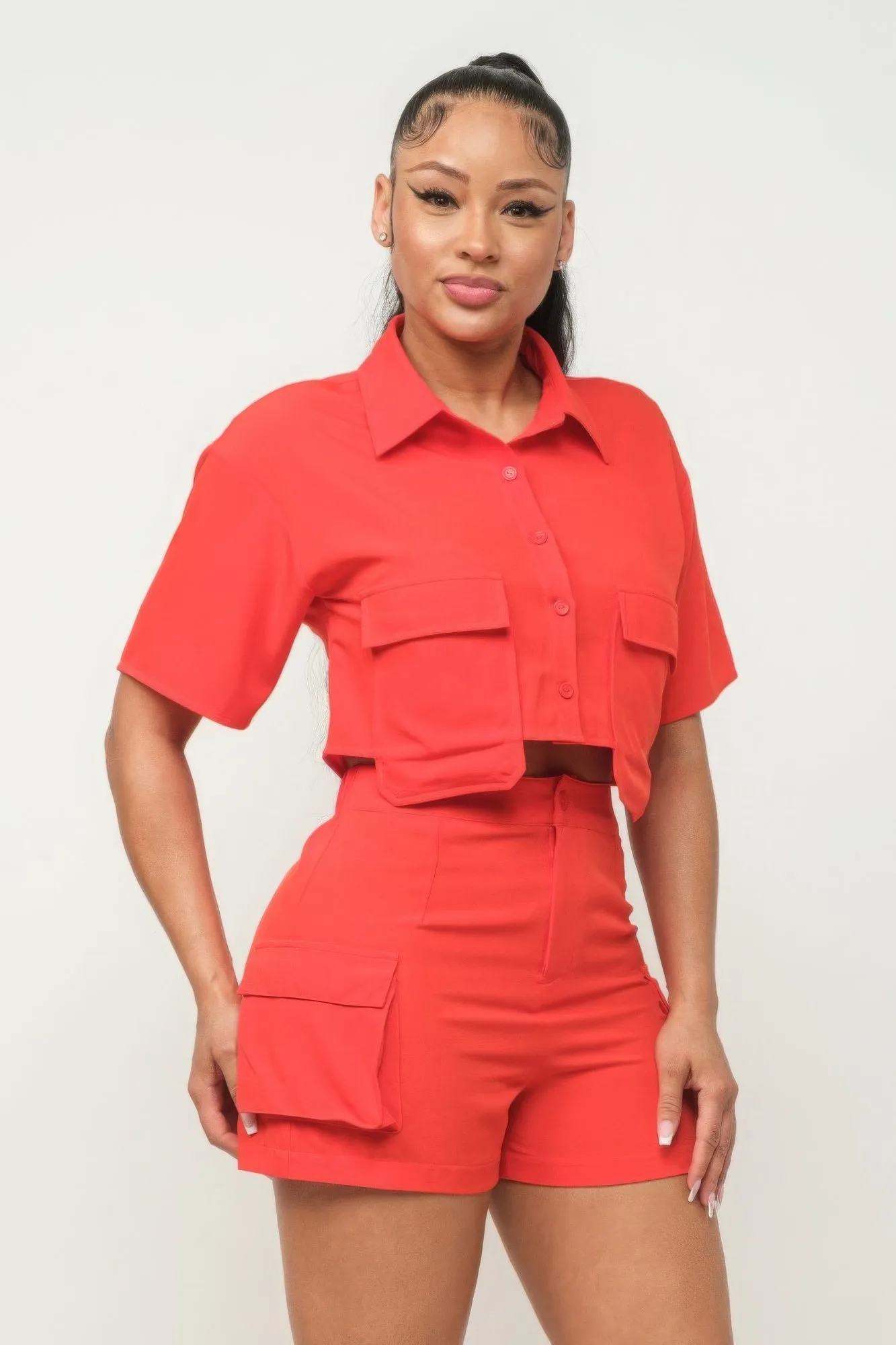 Button Down Crop and Pocketed Shorts Set