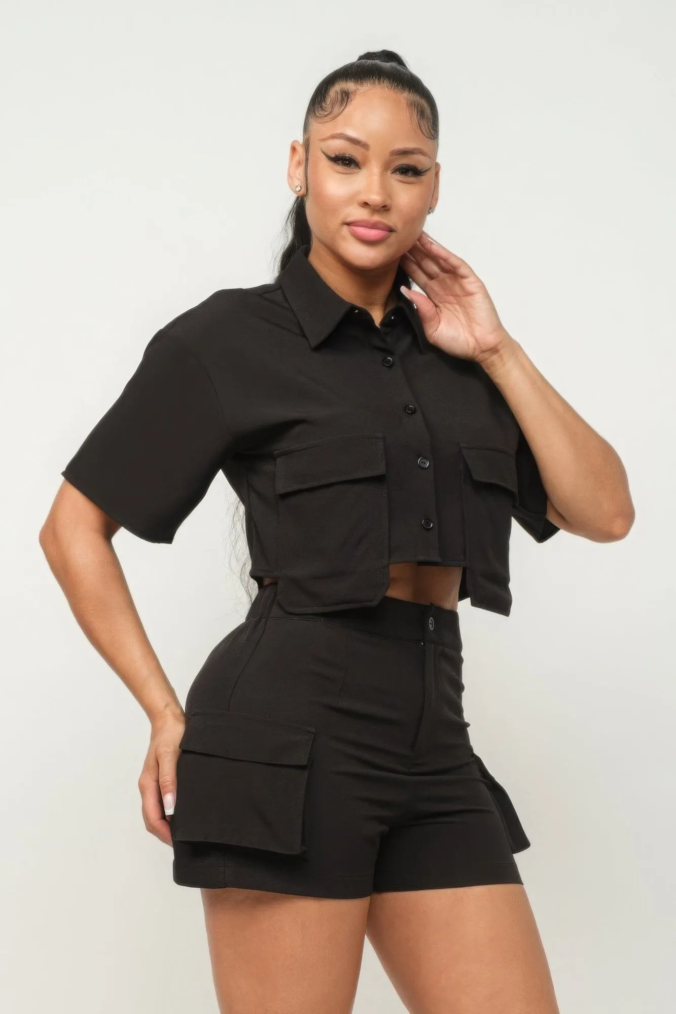 Button Down Crop and Pocketed Shorts Set
