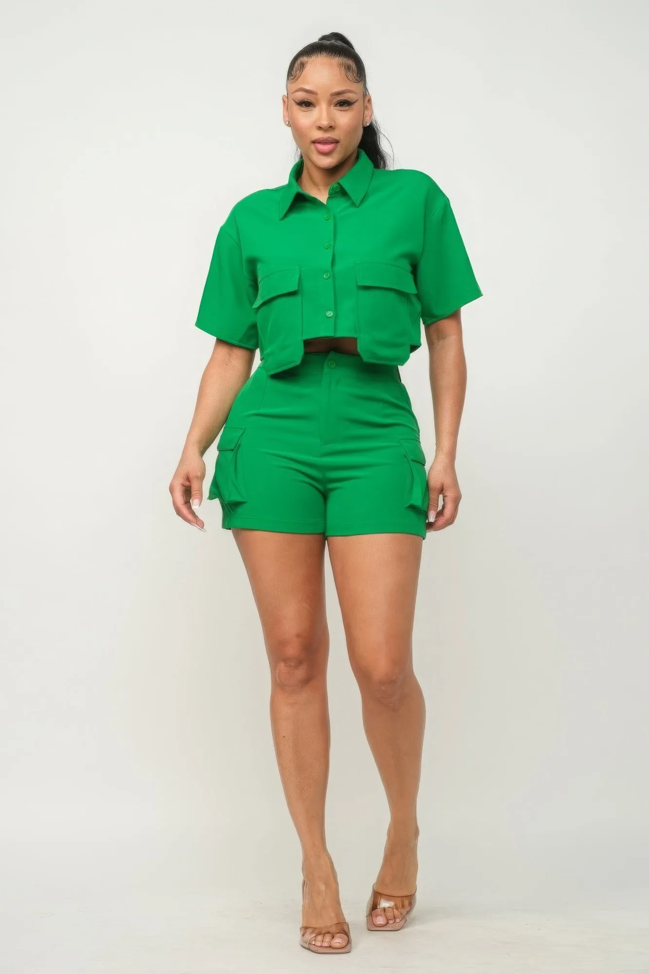 Button Down Crop and Pocketed Shorts Set