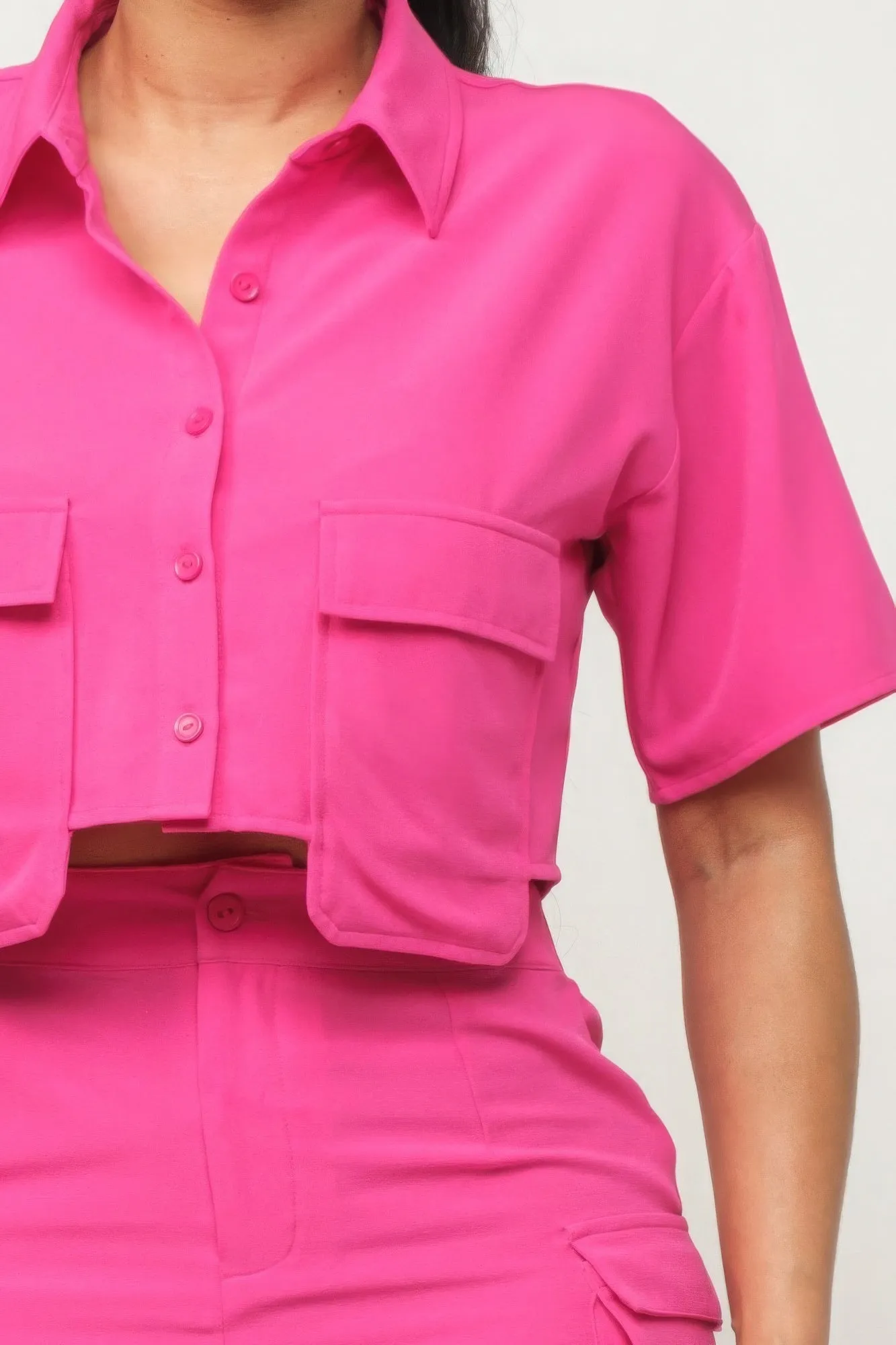 Button Down Crop and Pocketed Shorts Set