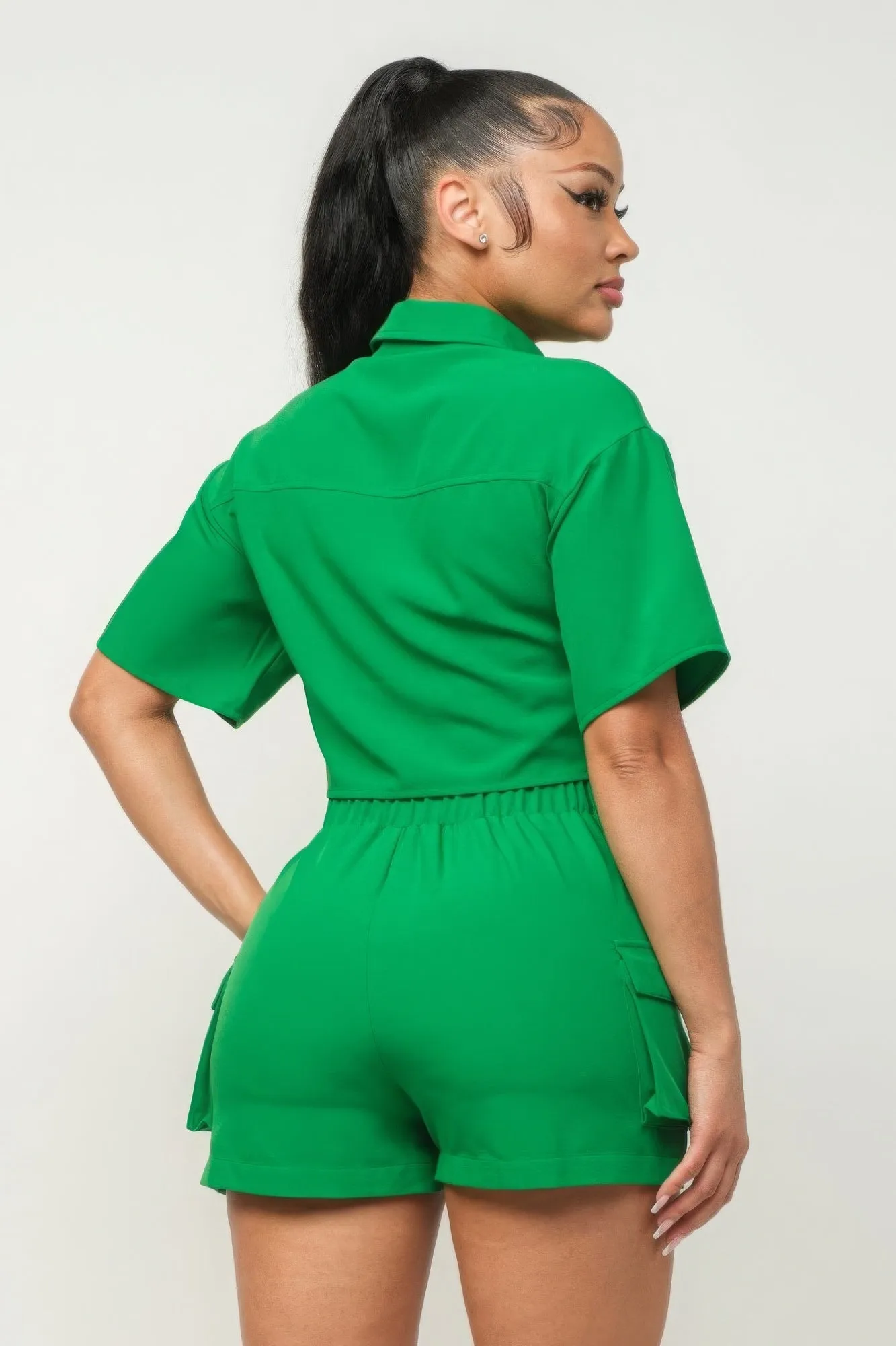 Button Down Crop and Pocketed Shorts Set