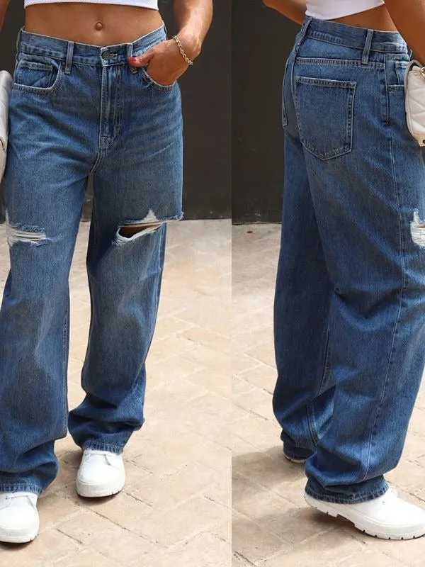 Casual Ripped Holes Women Jeans Streetwear Vintage Fashion Button Female Trousers Long Pants