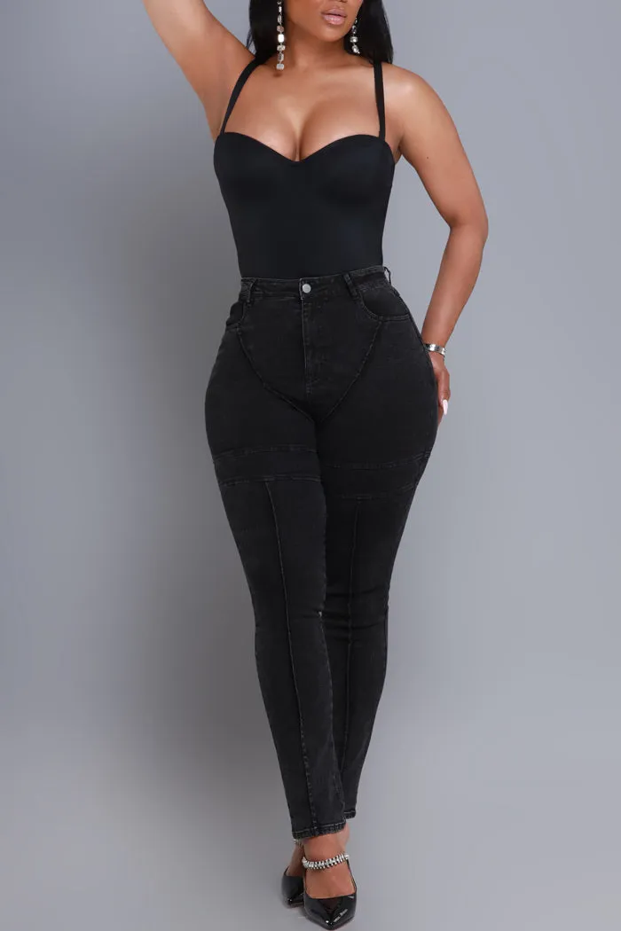 Credit Me High Rise Patchwork Skinny Jeans - Black