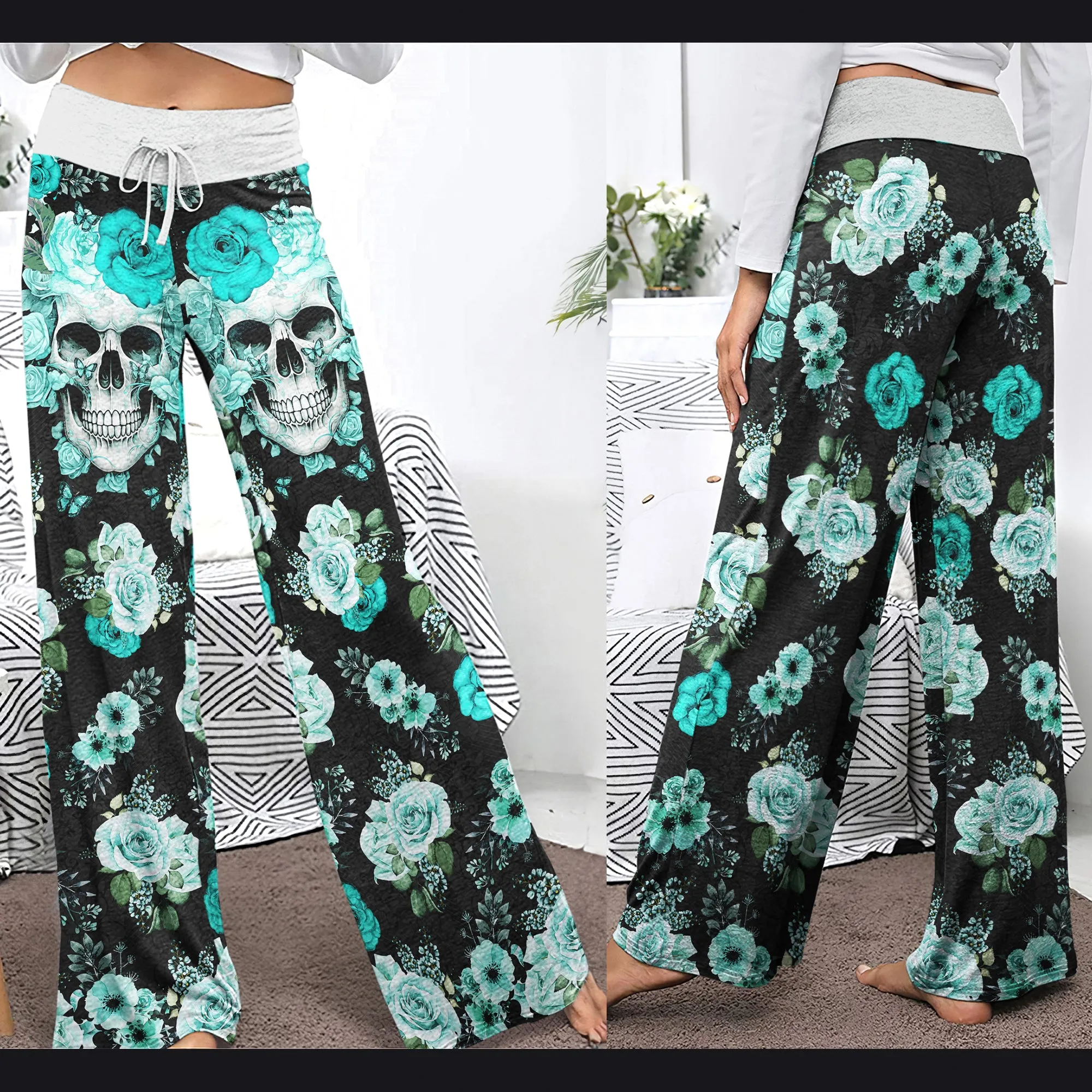 Cyan Skull Floral Art Women's High-waisted Wide Leg Pants