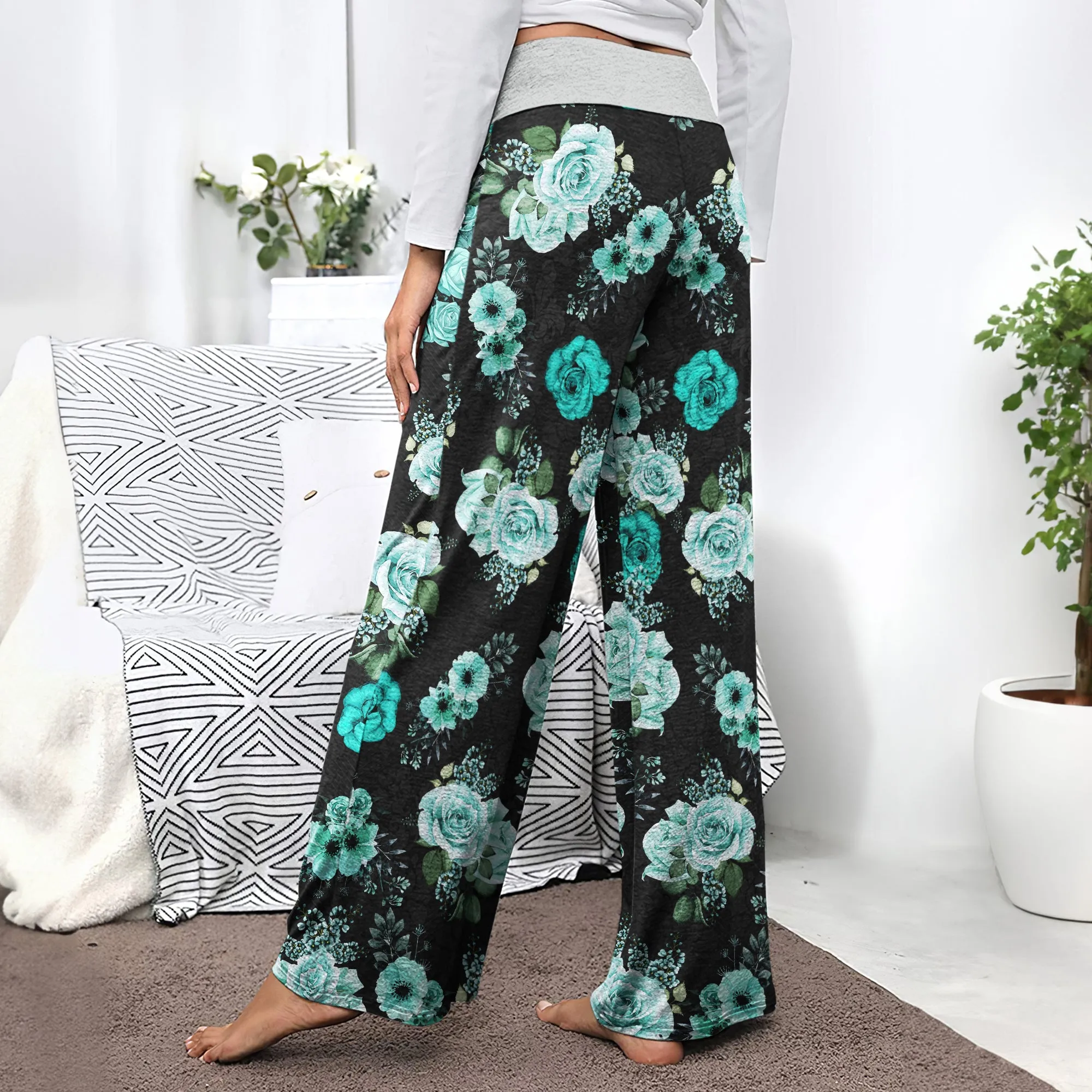 Cyan Skull Floral Art Women's High-waisted Wide Leg Pants