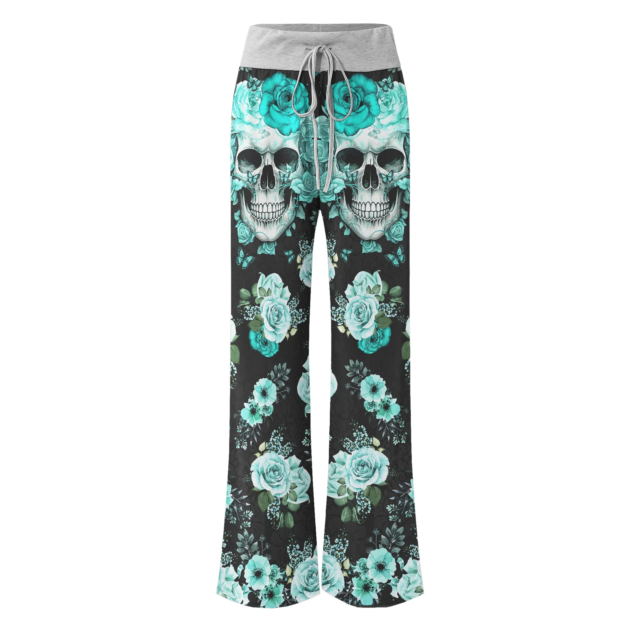 Cyan Skull Floral Art Women's High-waisted Wide Leg Pants