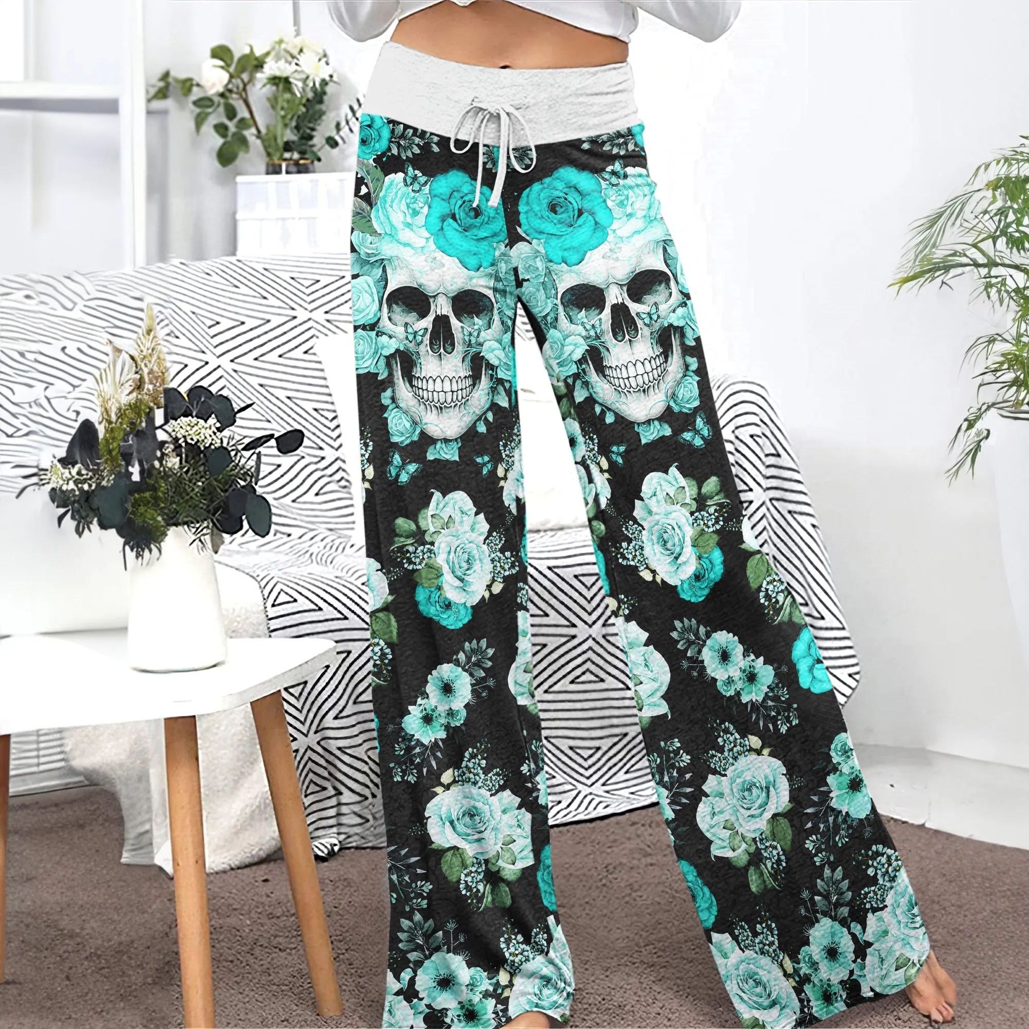 Cyan Skull Floral Art Women's High-waisted Wide Leg Pants