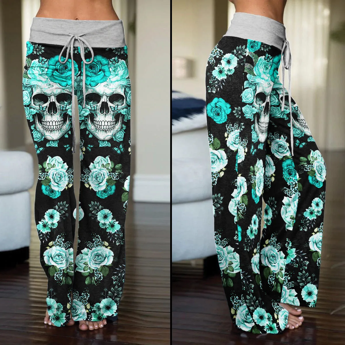 Cyan Skull Floral Art Women's High-waisted Wide Leg Pants