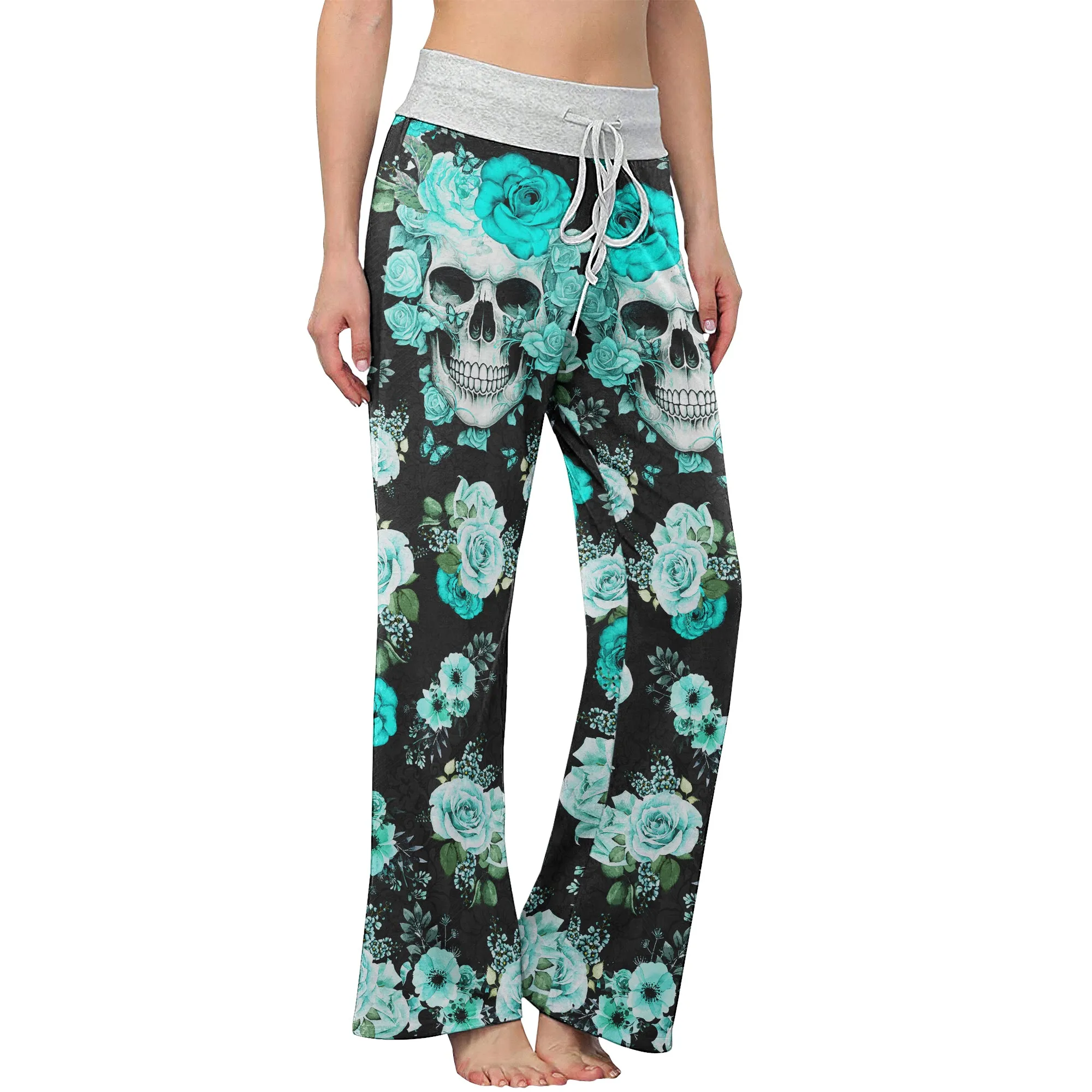 Cyan Skull Floral Art Women's High-waisted Wide Leg Pants